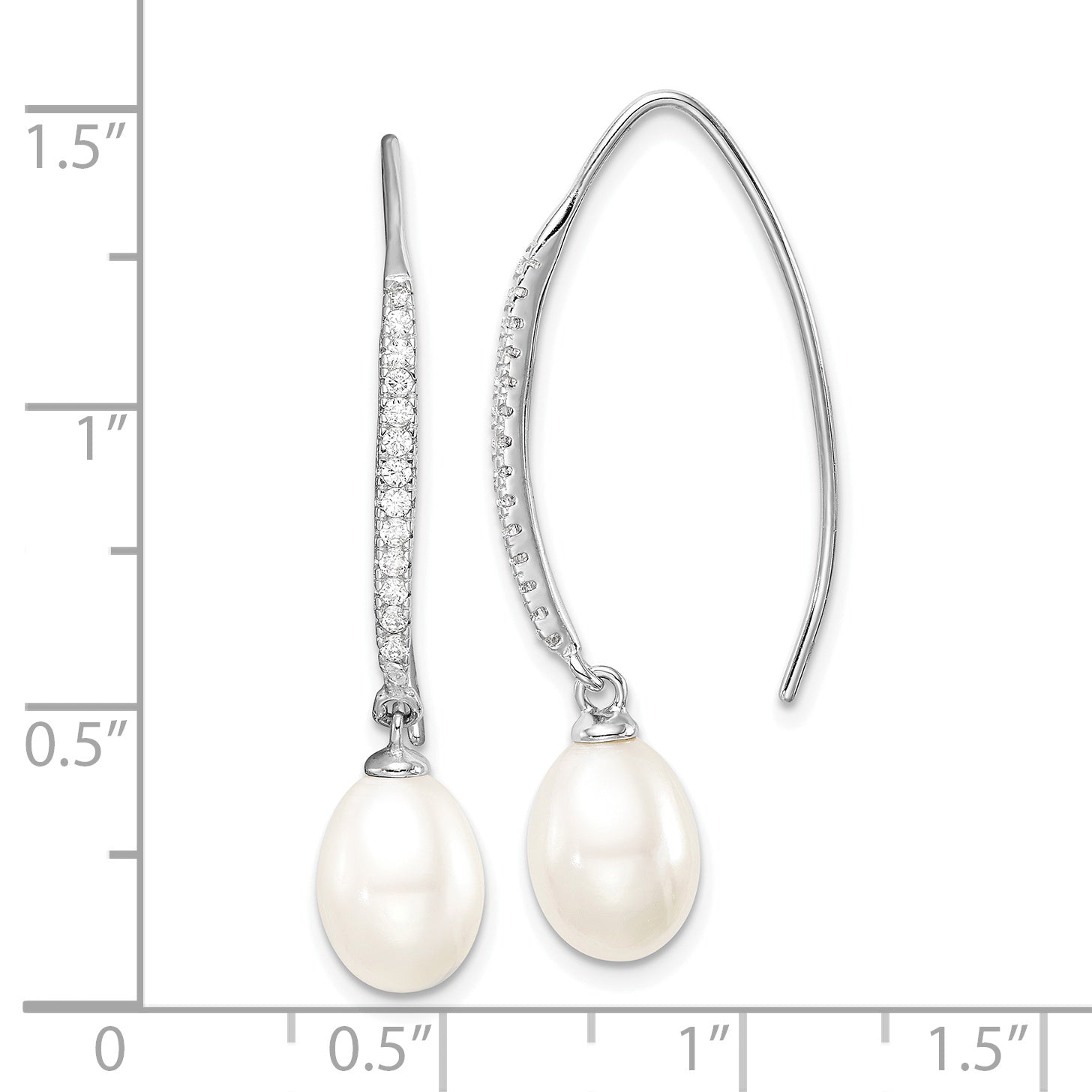 Sterling Silver Rhodium-plated 7-8mm White Teardrop Freshwater Cultured Pearl and CZ Threader Earrings