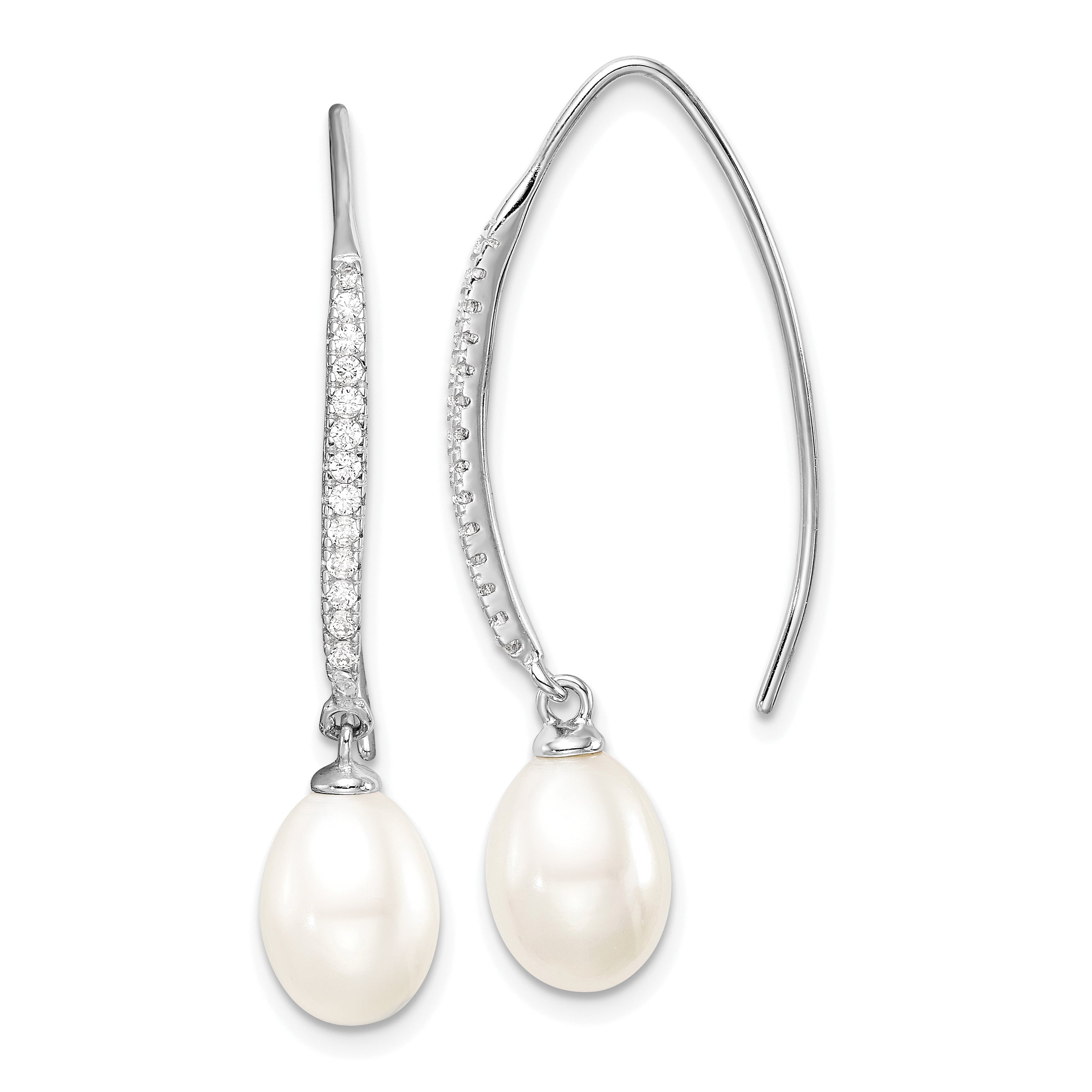 Sterling Silver Rhodium-plated 7-8mm White Teardrop Freshwater Cultured Pearl and CZ Threader Earrings Main image