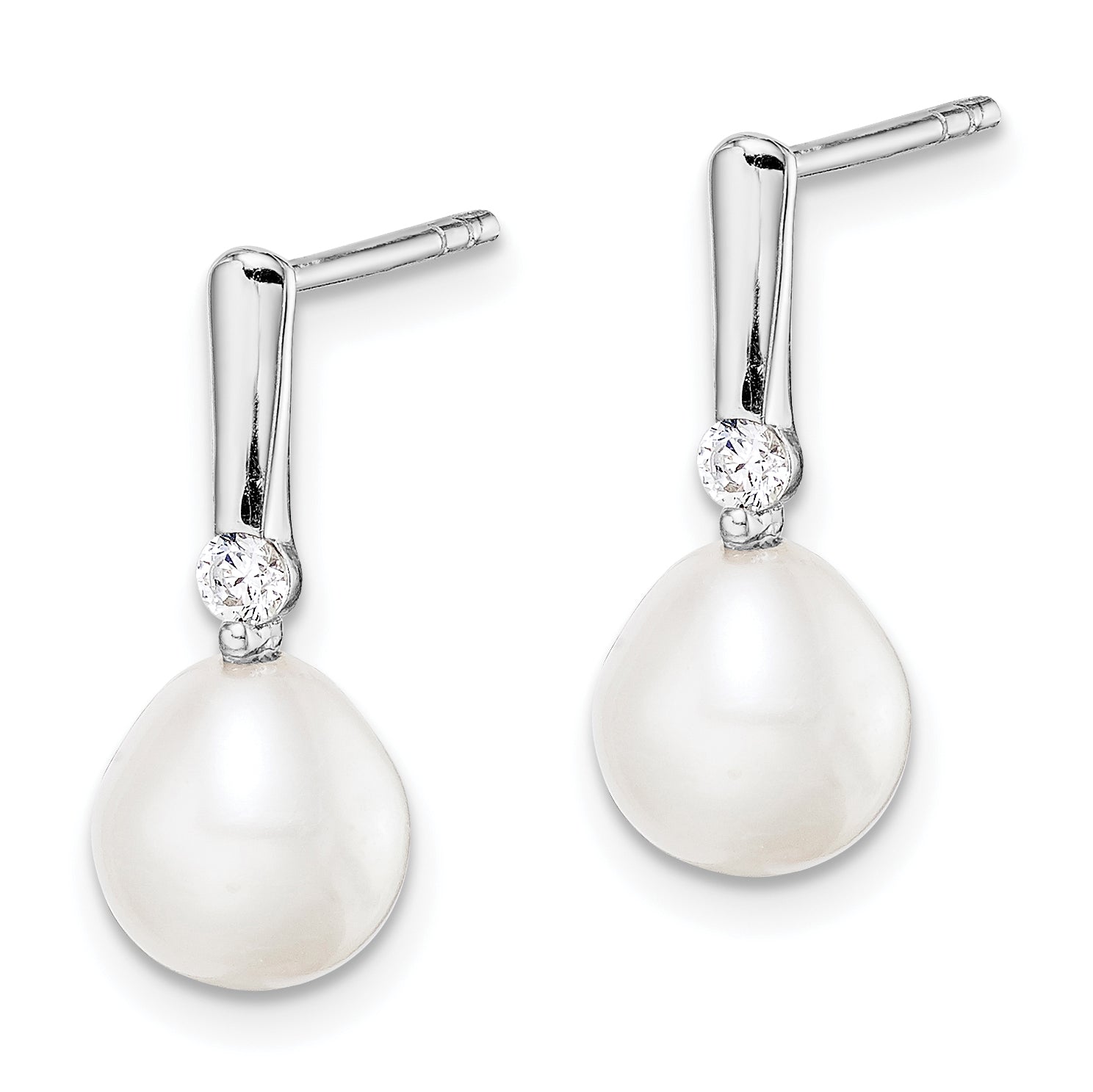 Sterling Silver Rhodium-plated 7-8mm White Rice Freshwater Cultured Pearl and CZ Post Dangle Earrings