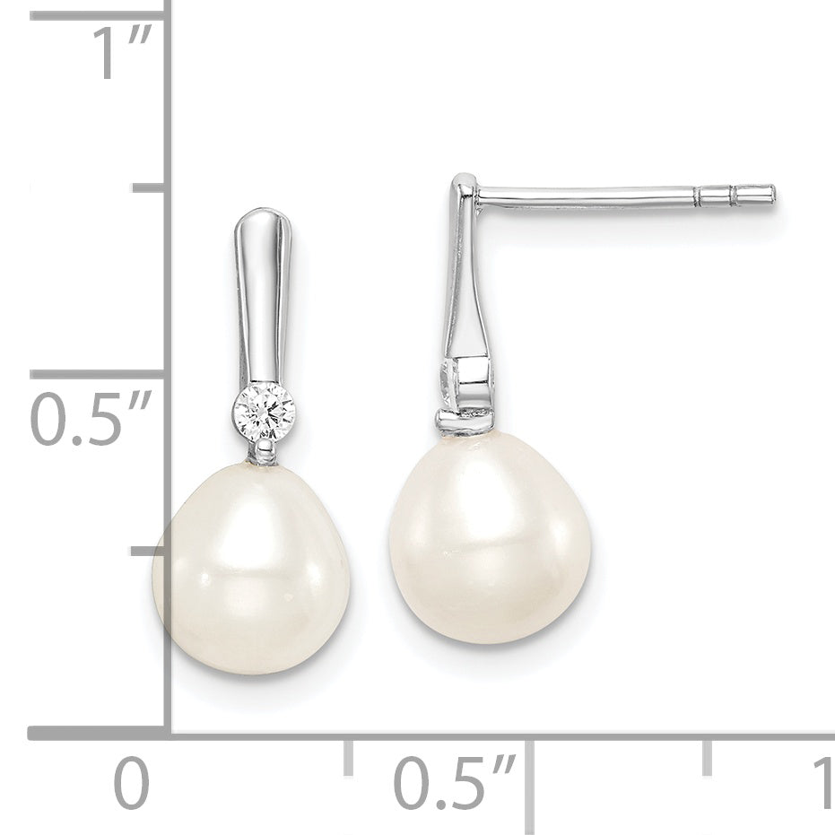 Sterling Silver Rhodium-plated 7-8mm White Rice Freshwater Cultured Pearl and CZ Post Dangle Earrings