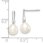 Sterling Silver Rhodium-plated 7-8mm White Rice Freshwater Cultured Pearl and CZ Post Dangle Earrings