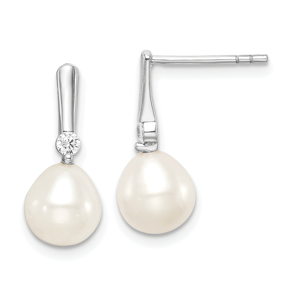 Sterling Silver Rhodium-plated 7-8mm White Rice Freshwater Cultured Pearl and CZ Post Dangle Earrings