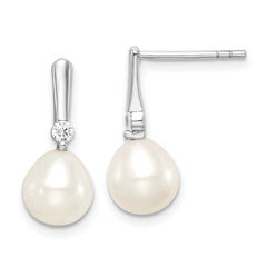 Sterling Silver Rhodium-plated 7-8mm White Rice Freshwater Cultured Pearl and CZ Post Dangle Earrings