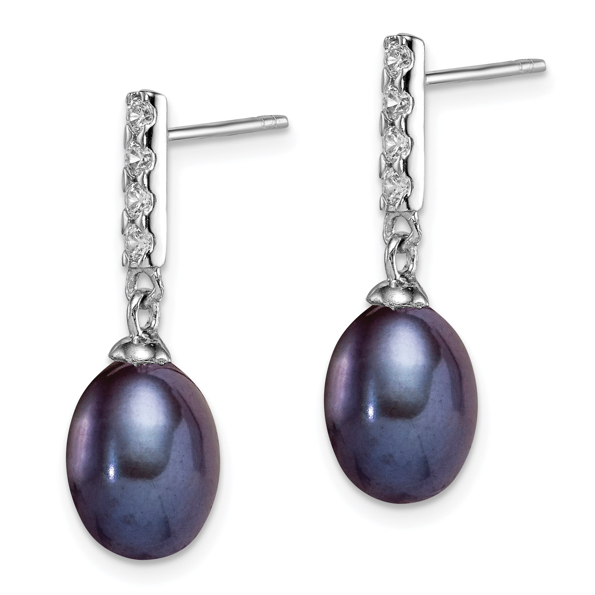 Sterling Silver Rhodium-plated 8-9mm Black Teardrop Freshwater Cultured Pearl and CZ Post Dangle Earrings