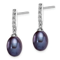 Sterling Silver Rhodium-plated 8-9mm Black Teardrop Freshwater Cultured Pearl and CZ Post Dangle Earrings
