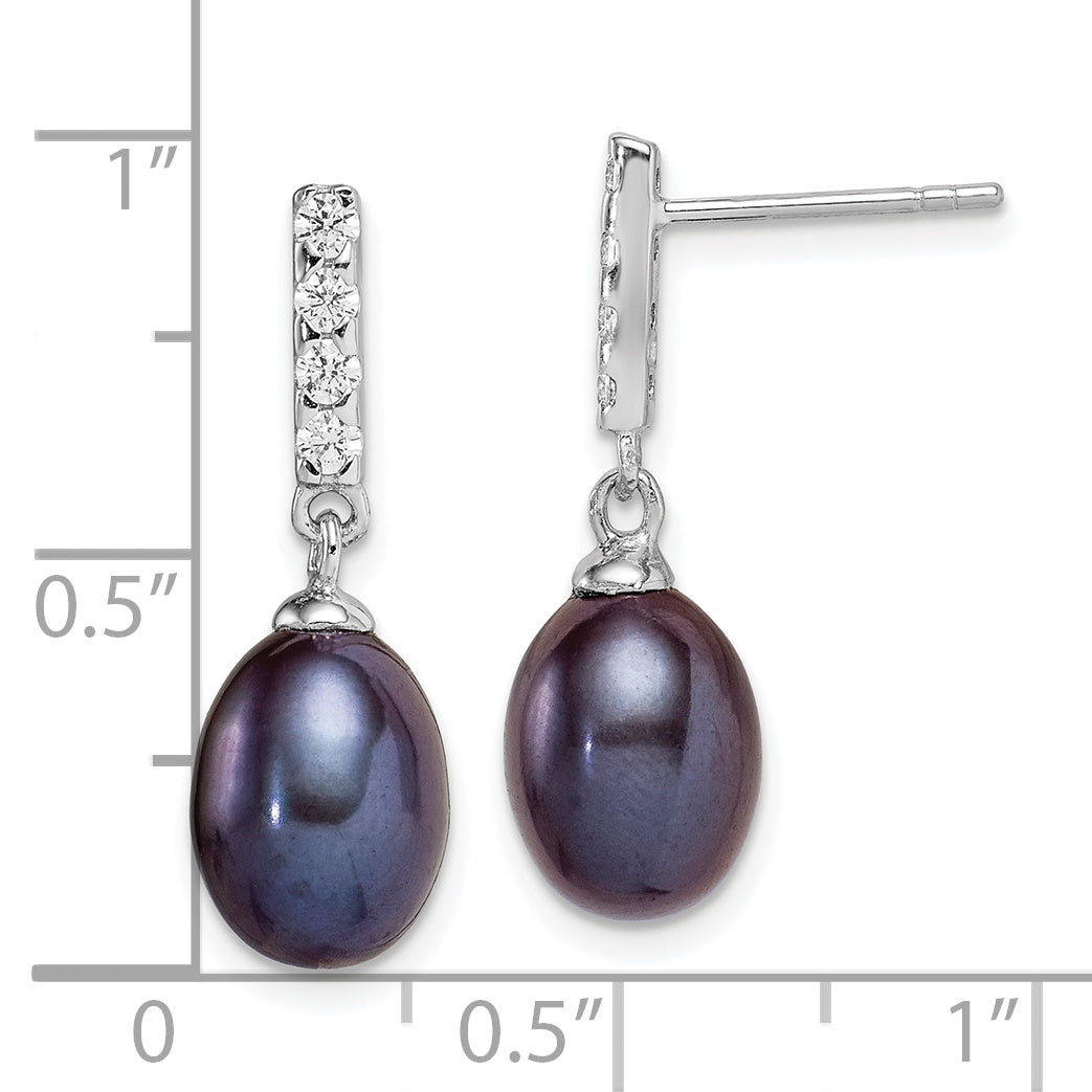 Sterling Silver Rhodium-plated 8-9mm Black Teardrop Freshwater Cultured Pearl and CZ Post Dangle Earrings