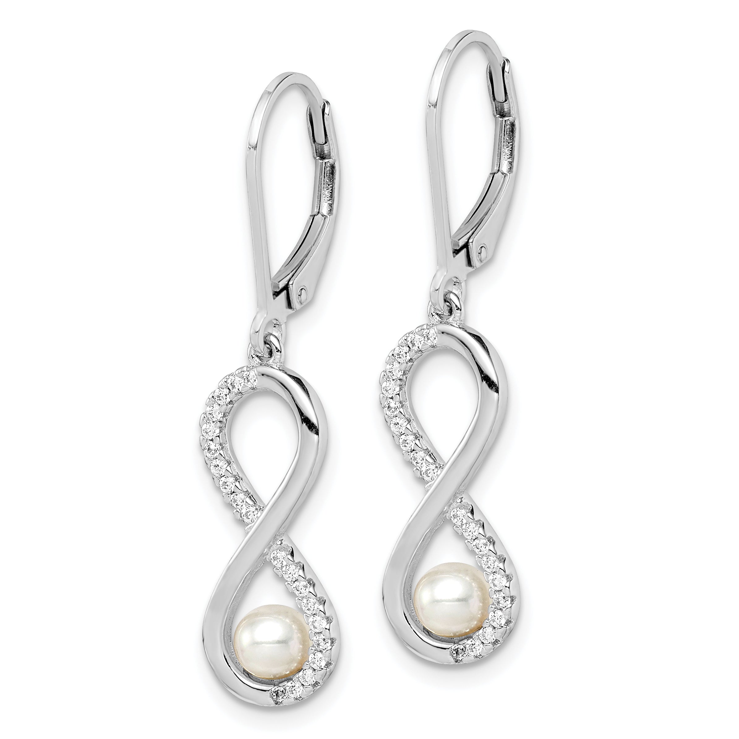 Sterling Silver Rhodium-plated 4-5mm White Freshwater Cultured Pearl and CZ Infinity Dangle Leverback Earrings Secondary image