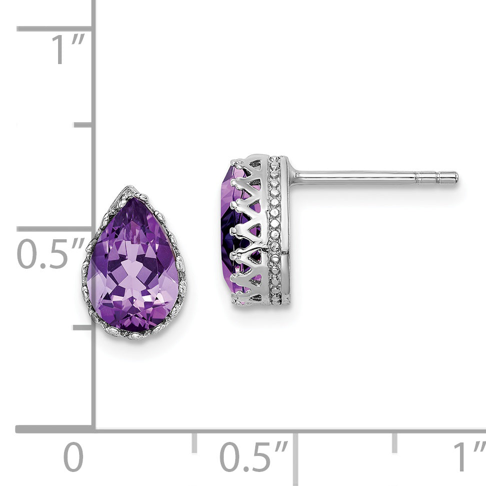 Sterling Silver Rhodium-plated 10mm Polished Pear Amethyst Post Earrings