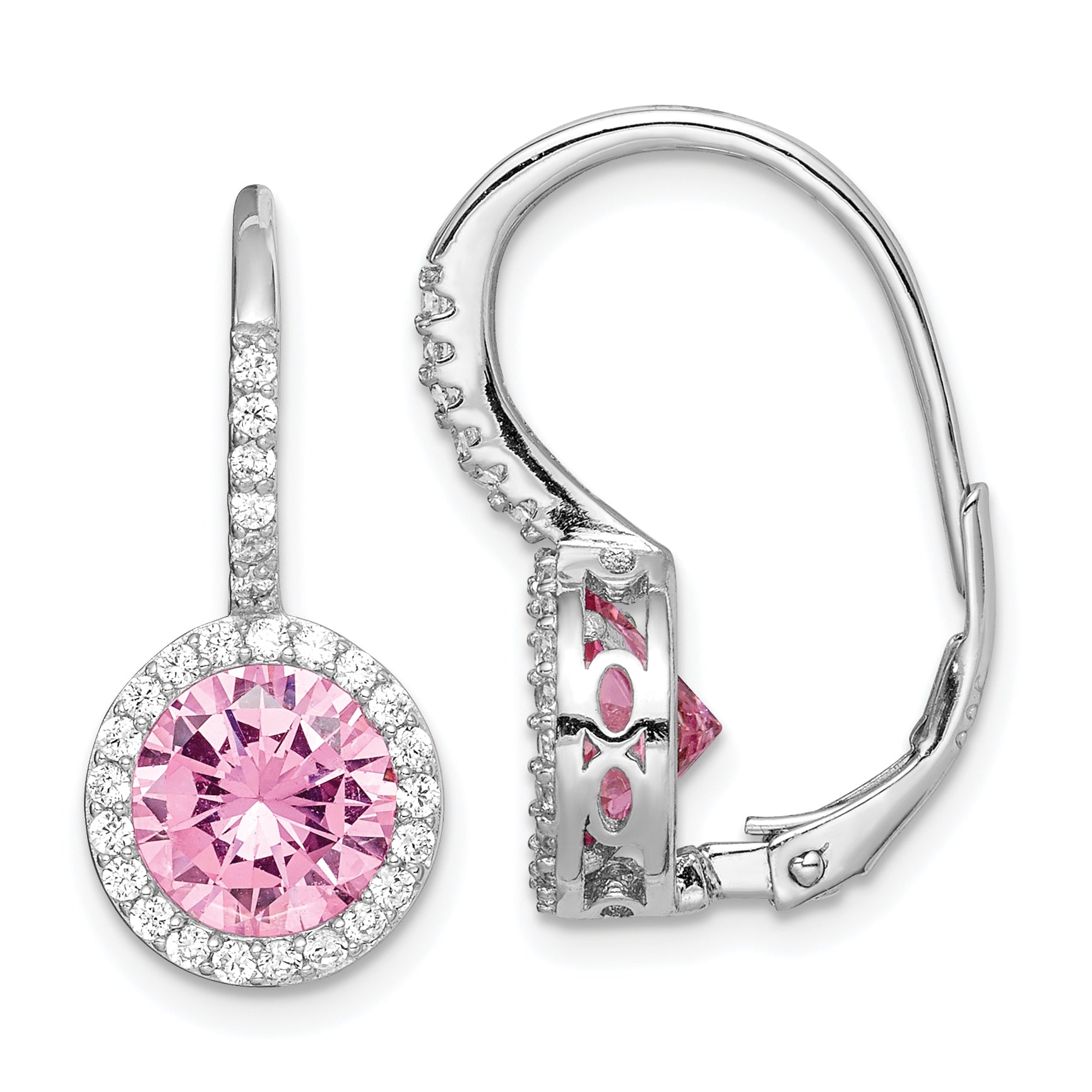 Sterling Silver RH-plated Polished Pink & White CZ Halo Leverback Earrings Main image