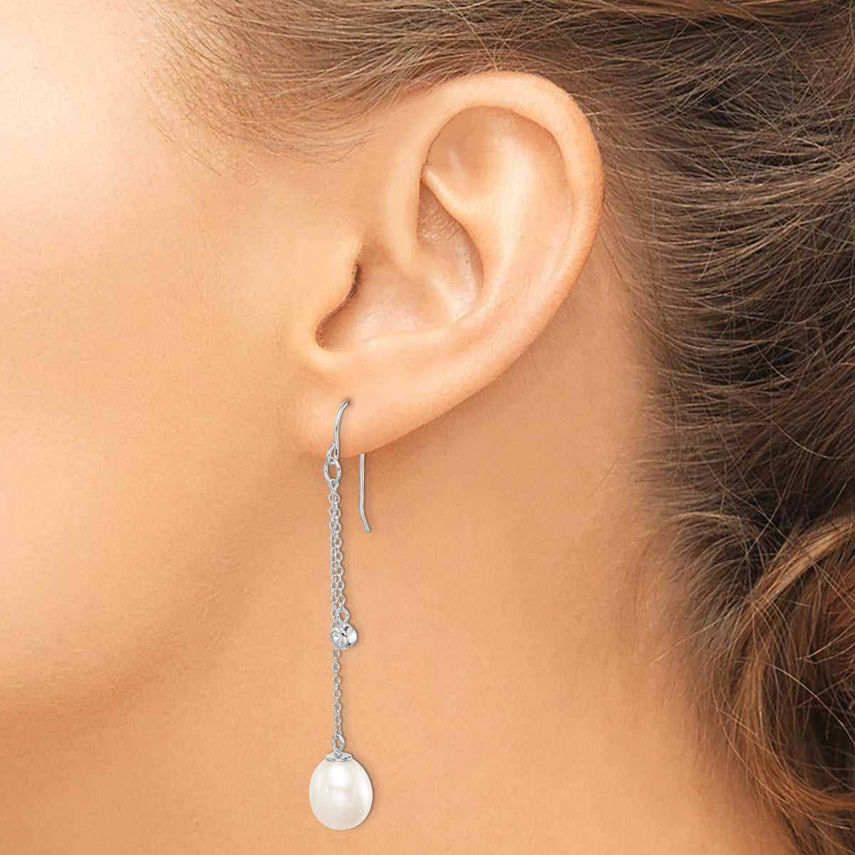 Freshwater Pearl & Cubic Zirconia Dangle Earrings in Sterling Silver, 9-10mm - Sophia Jewelers