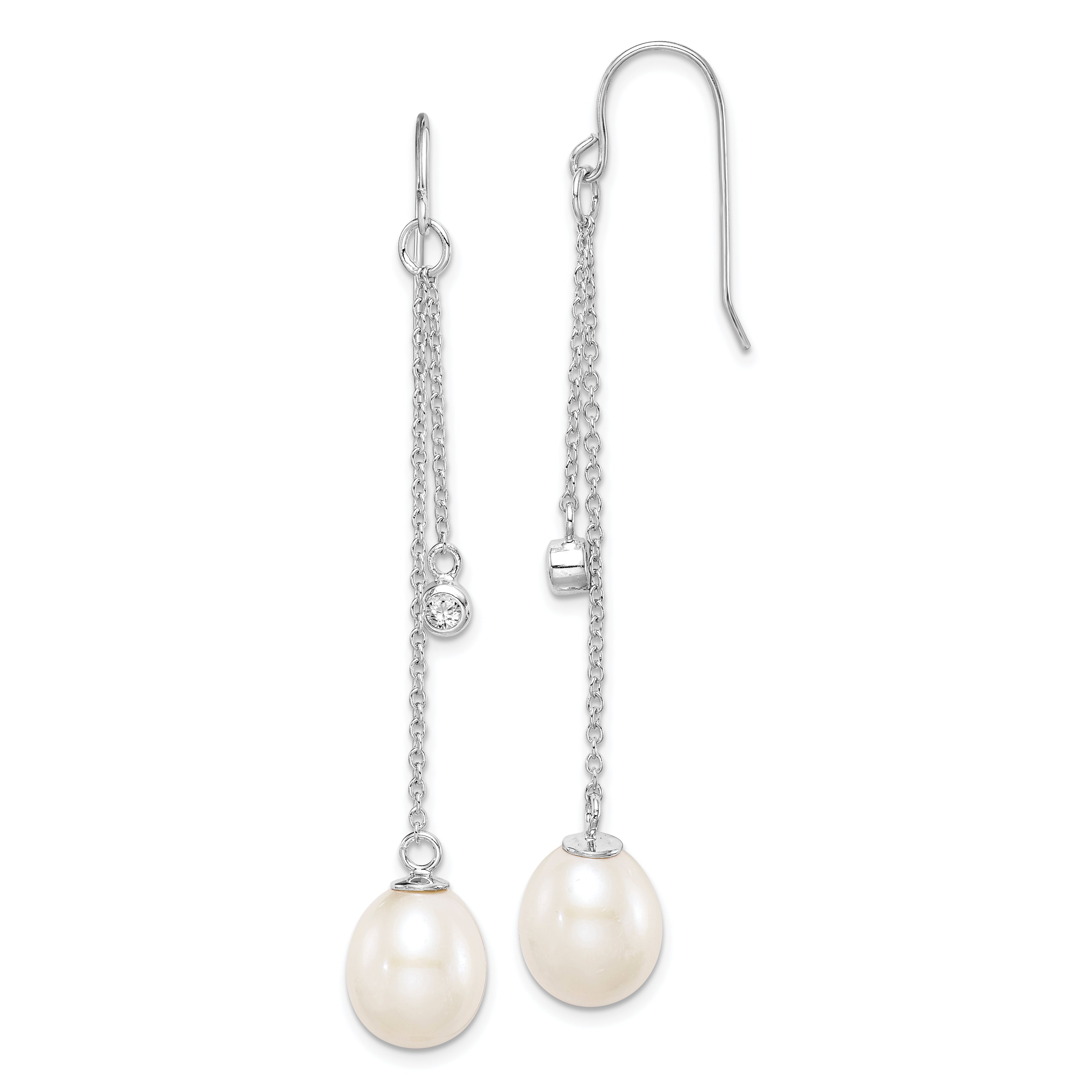 Sterling Silver Rhodium-plated 9-10mm White Teardrop Freshwater Cultured Pearl and CZ Dangle Earrings