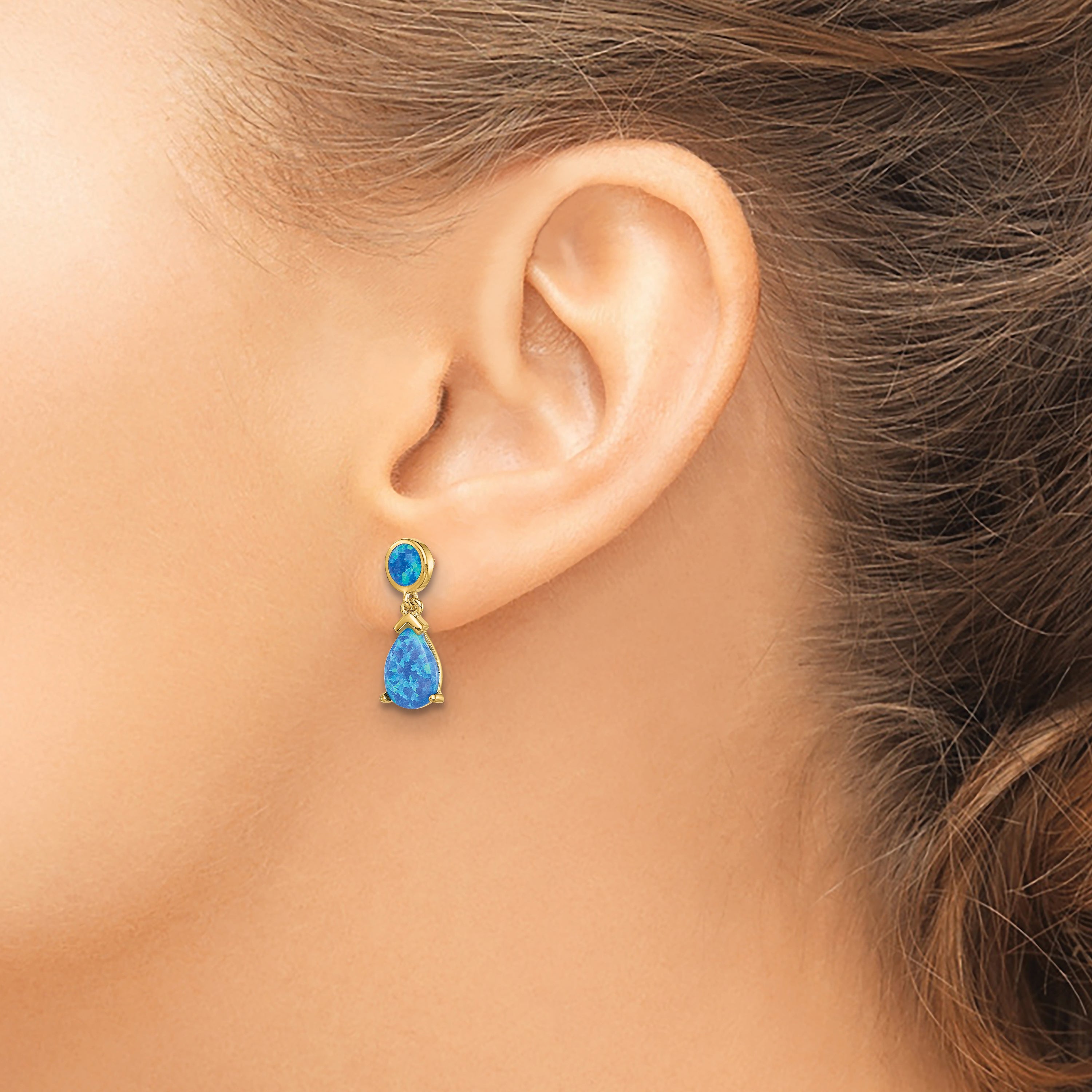 Sterling Silver Gold-tone Created Blue Opal Teardrop Post Dangle Earrings