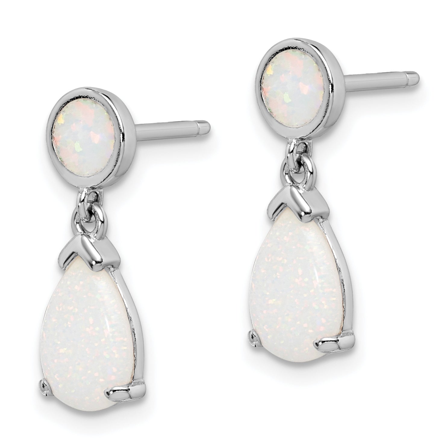 Sterling Silver Rhod-plated Created Opal Teardrop Post Dangle Earrings Secondary image
