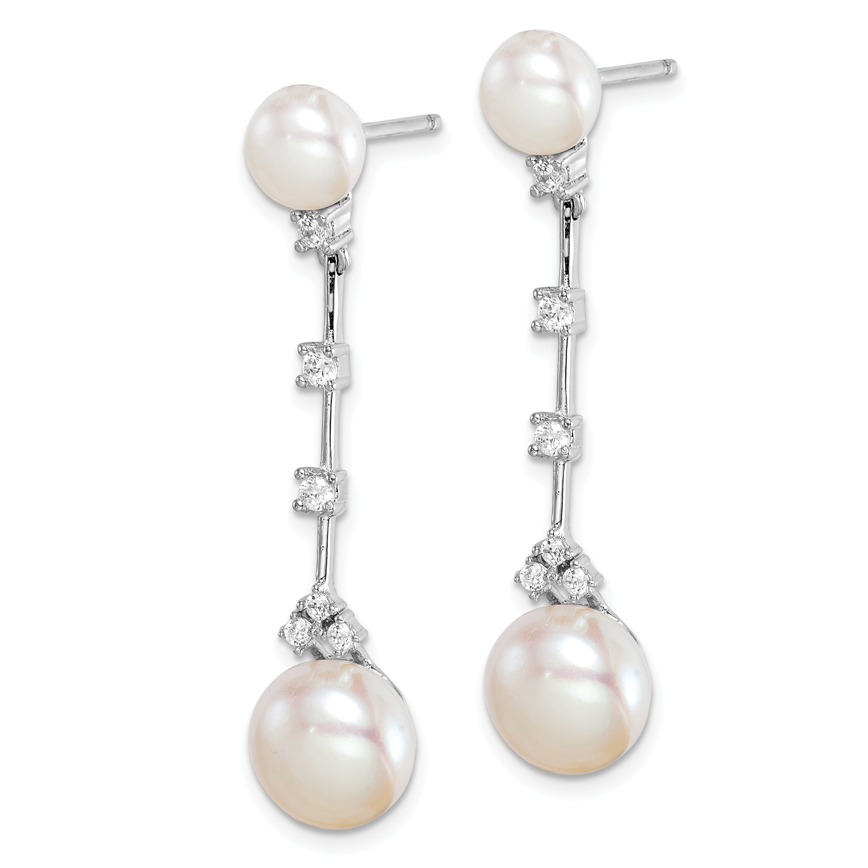 Sterling Silver Rhodium-plated CZ FWC Button Pearl Dangle Post Earrings Secondary image