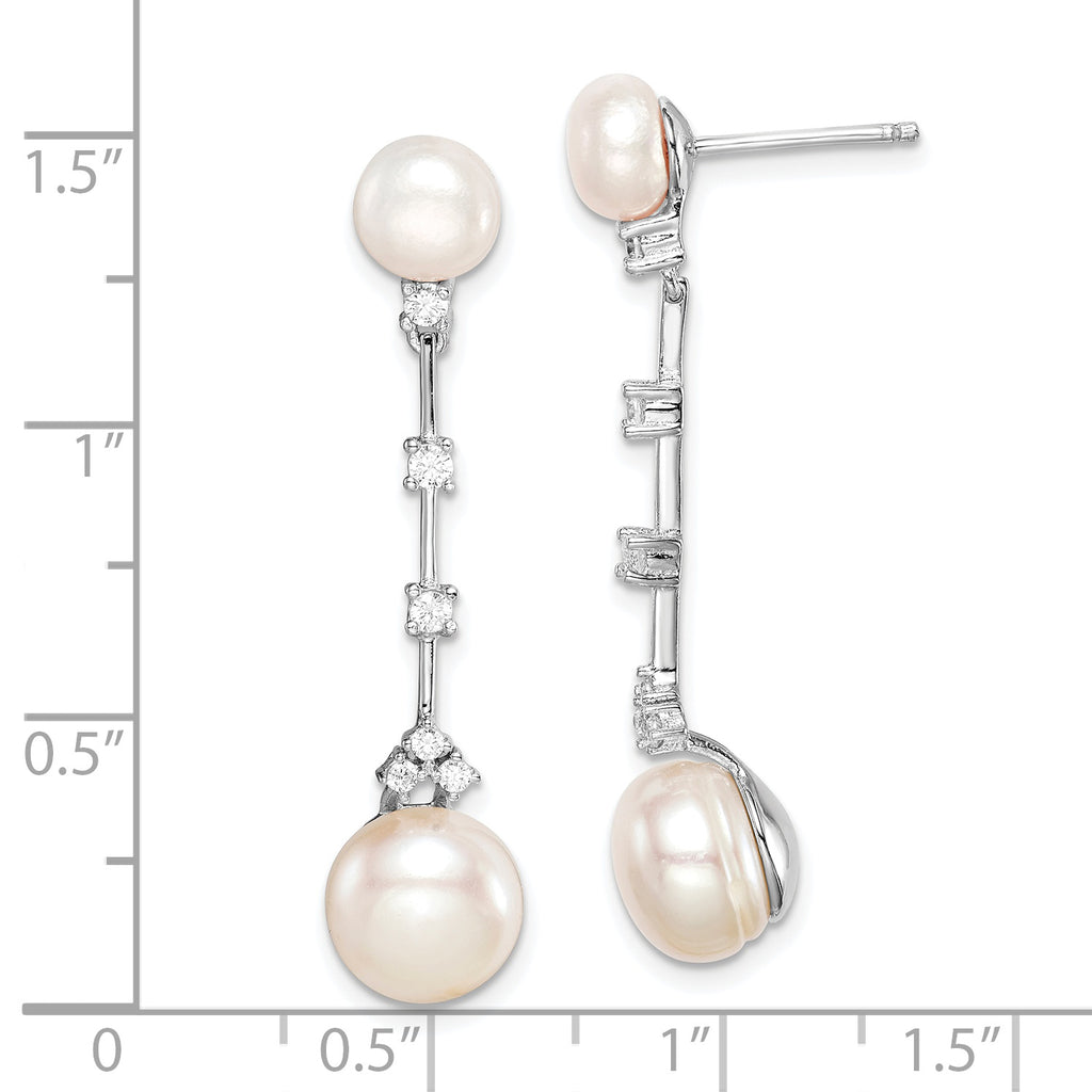 Sterling Silver Rhodium-plated CZ FWC Button Pearl Dangle Post Earrings