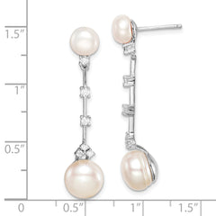Sterling Silver Rhodium-plated CZ FWC Button Pearl Dangle Post Earrings