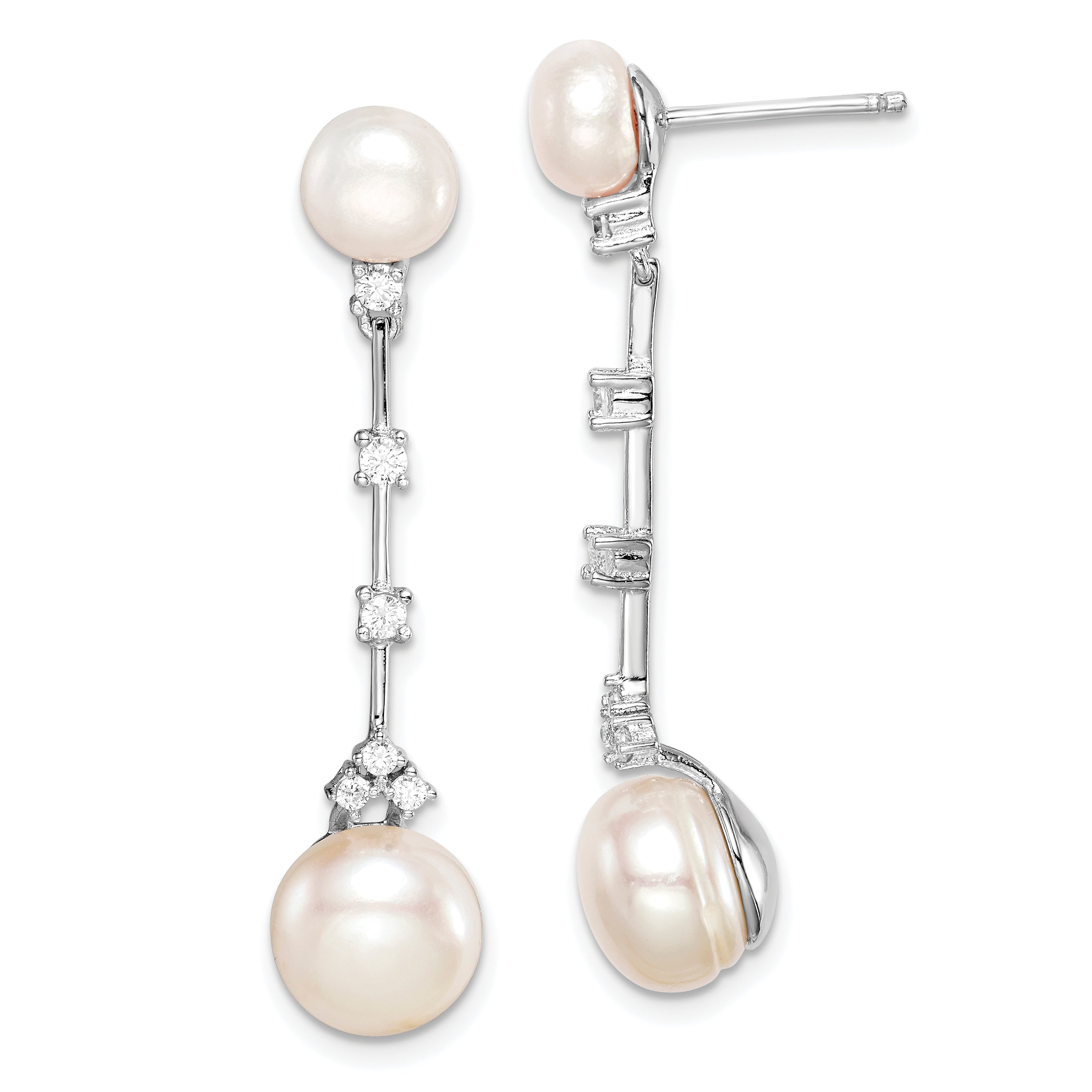 Sterling Silver Rhodium-plated CZ FWC Button Pearl Dangle Post Earrings Main image