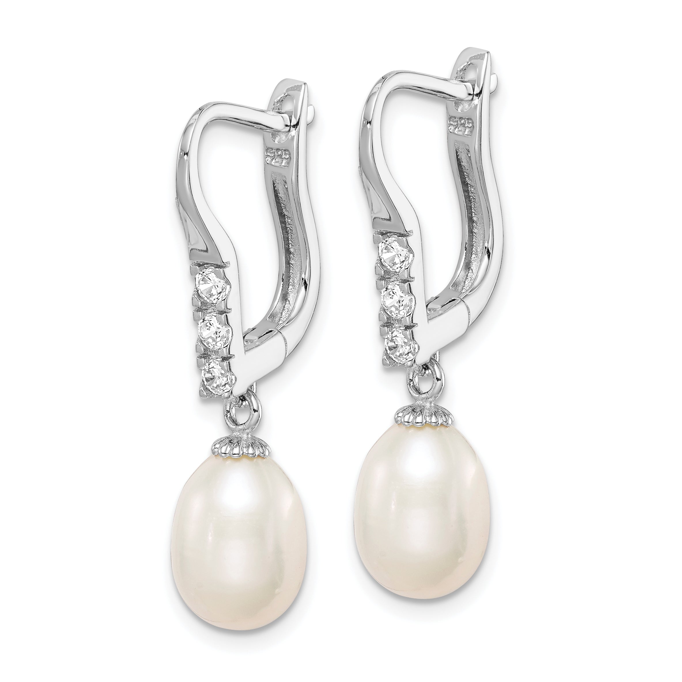 Sterling Silver Rhodium-plated 7-8mm Rice FWC Pearl CZ Dangle Earrings