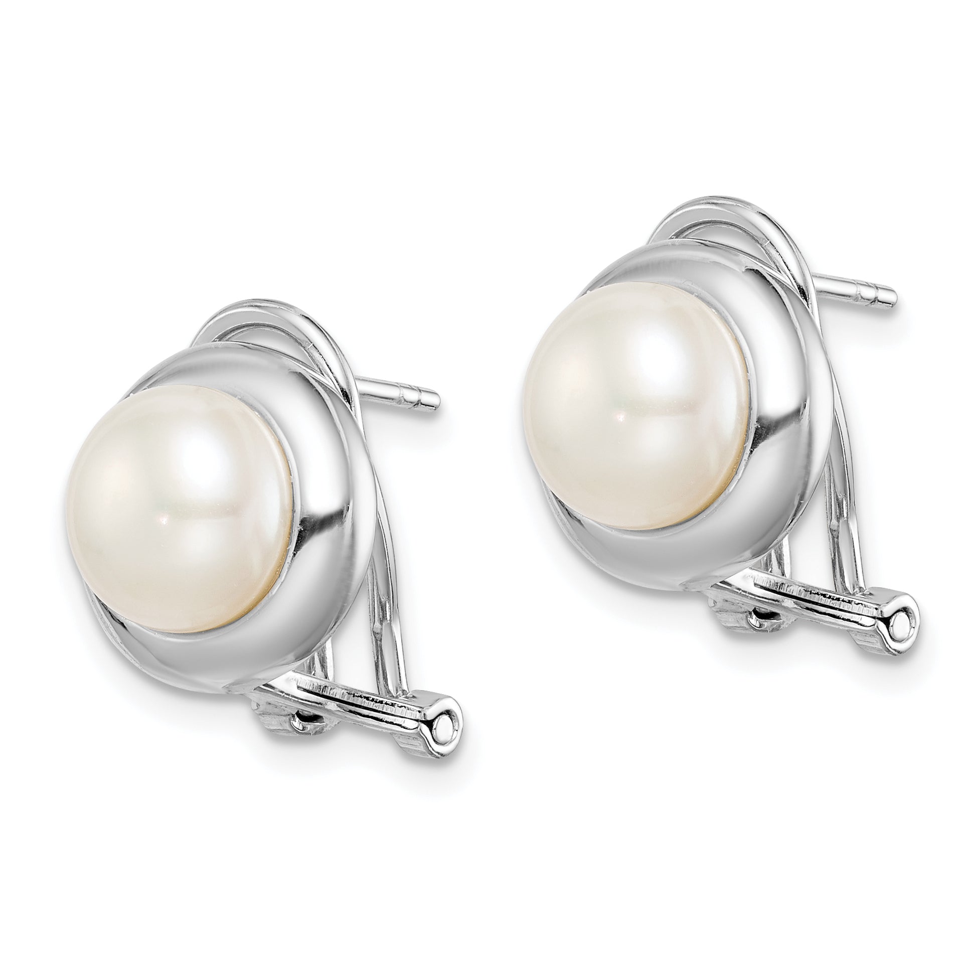 Sterling Silver Rhodium-plated 8-9mm White Button Freshwater Cultured Pearl Omega Back Earrings