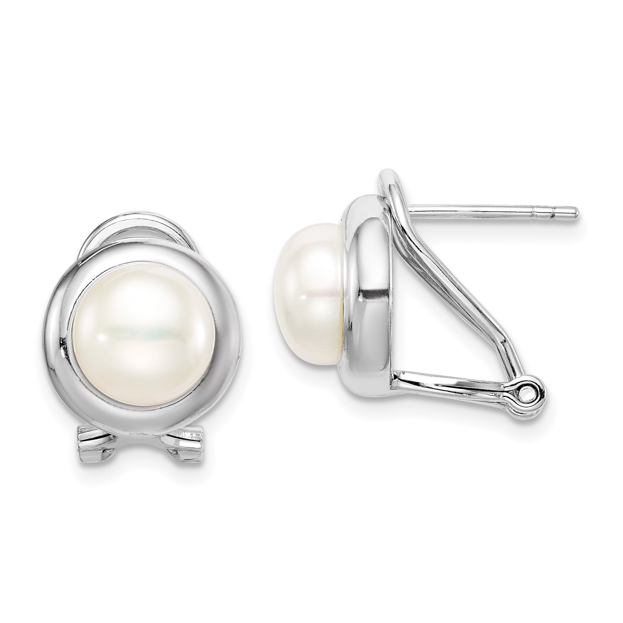Sterling Silver Rhodium-plated 8-9mm White Button Freshwater Cultured Pearl Omega Back Earrings Main image