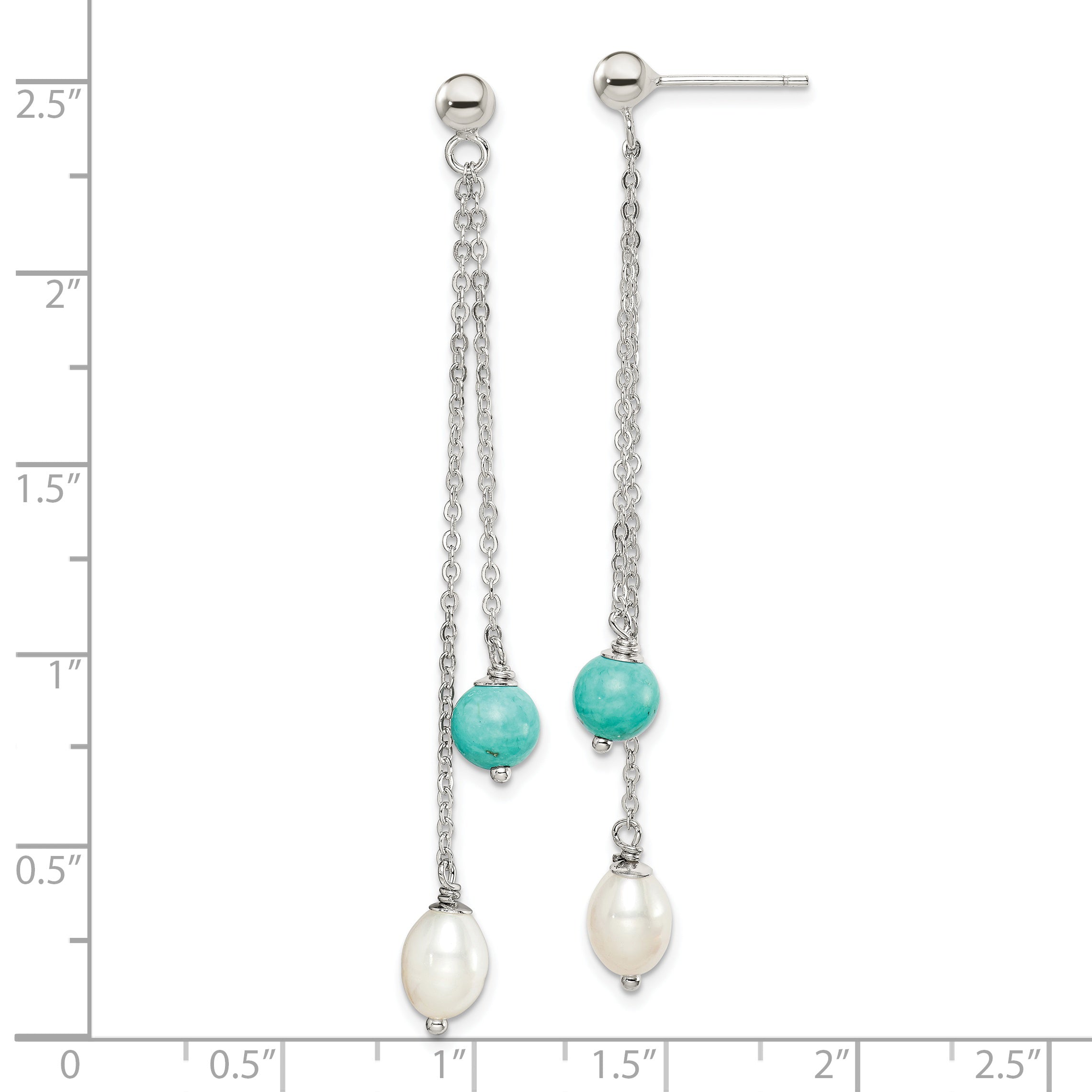 Sterling Silver Rhod-pltd Turquoise/FWC Pearl Chain Post Dangle Earrings