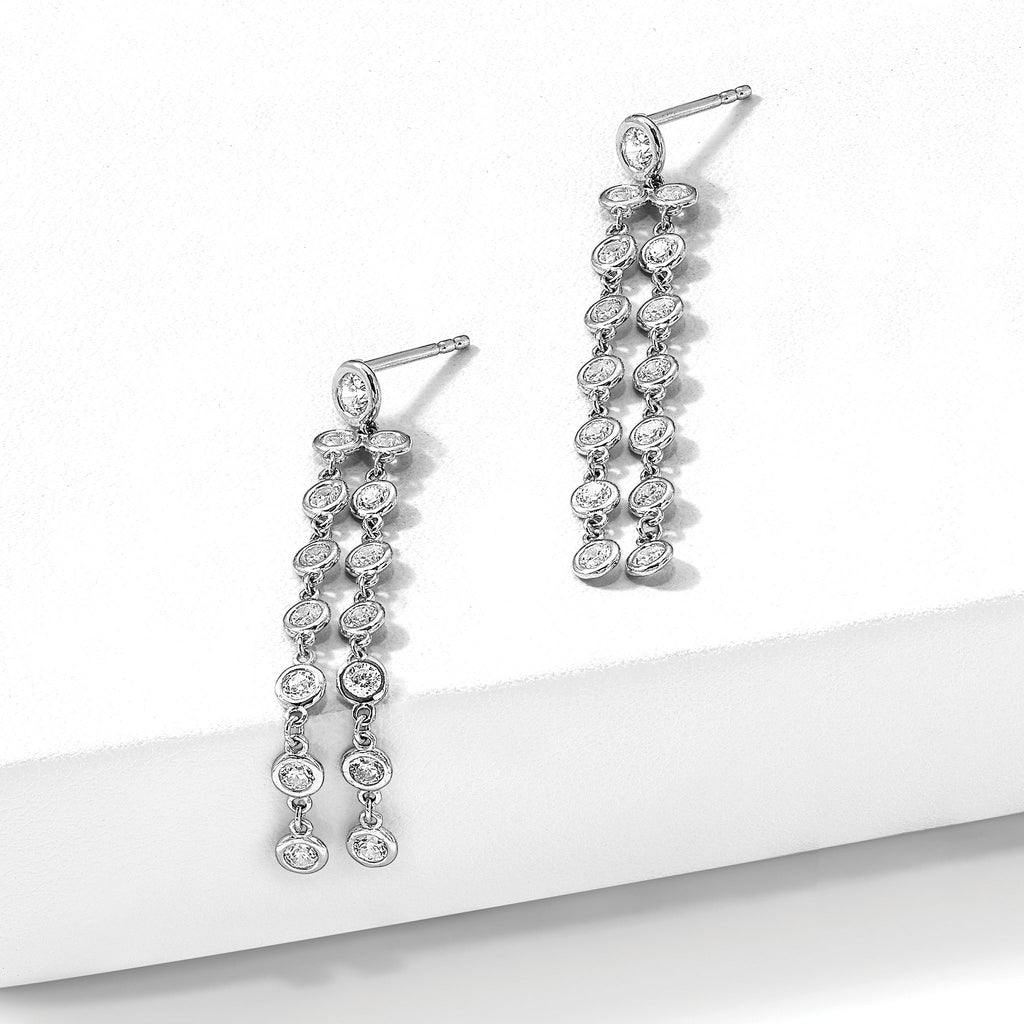 30-Stone Cubic Zirconia Two-Strand Stud Dangle Earrings in Sterling Silver, 6.9mm - Sophia Jewelers