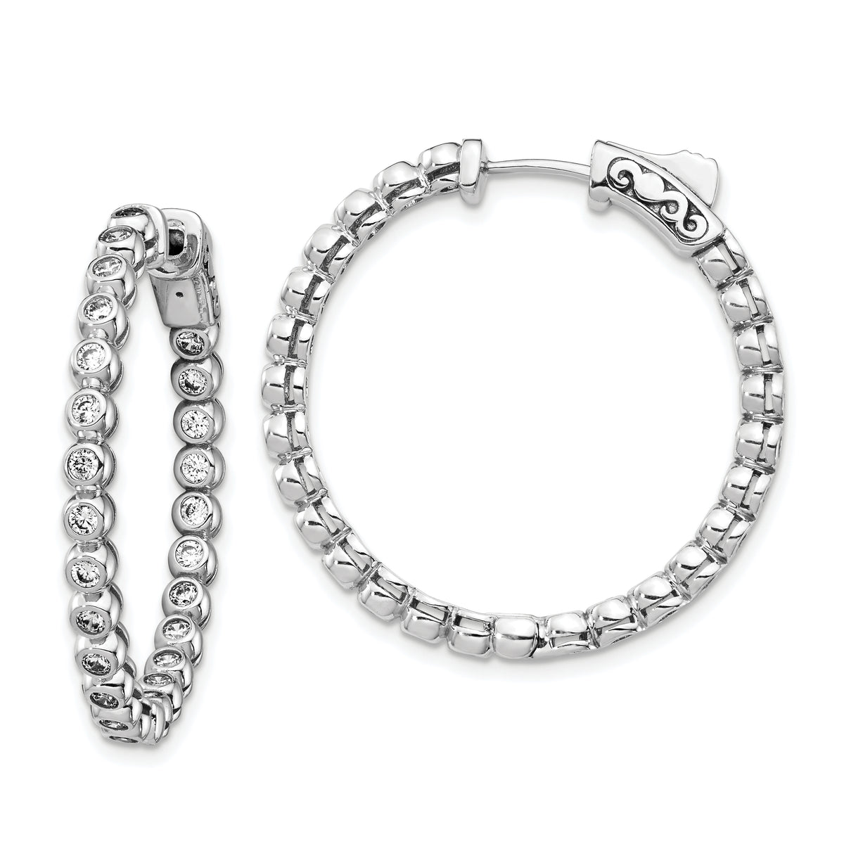 Sterling Shimmer Sterling Silver Rhodium-plated 50 Stone 1.7mm CZ In and Out Round Hinged Hoop Earrings