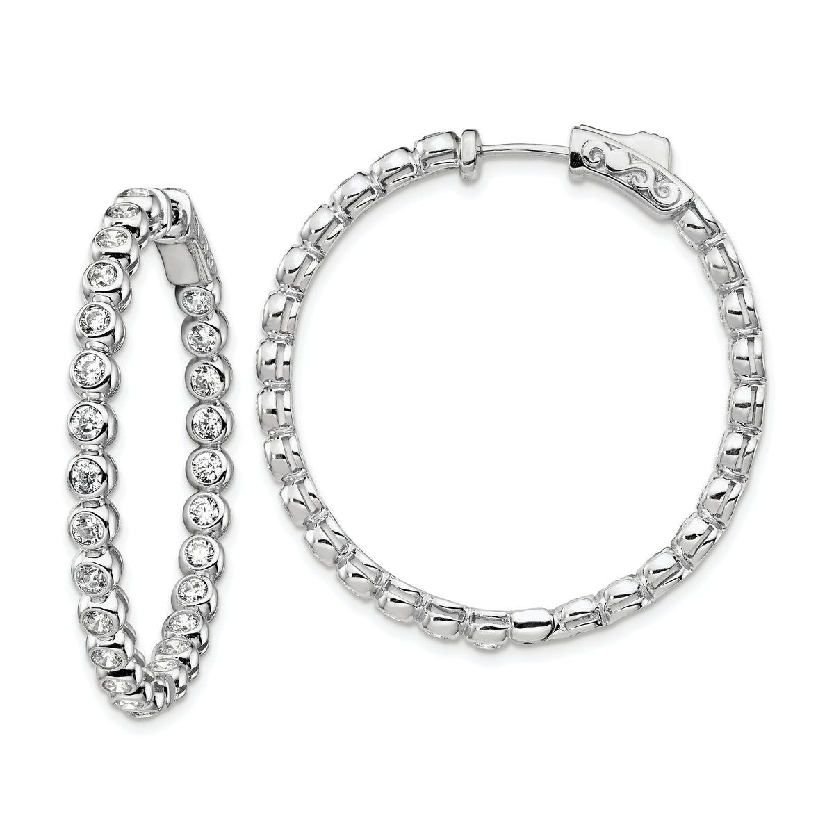Sterling Shimmer Sterling Silver Rhodium-plated 52 Stone 2.3mm CZ In and Out Round Hinged Hoop Earrings