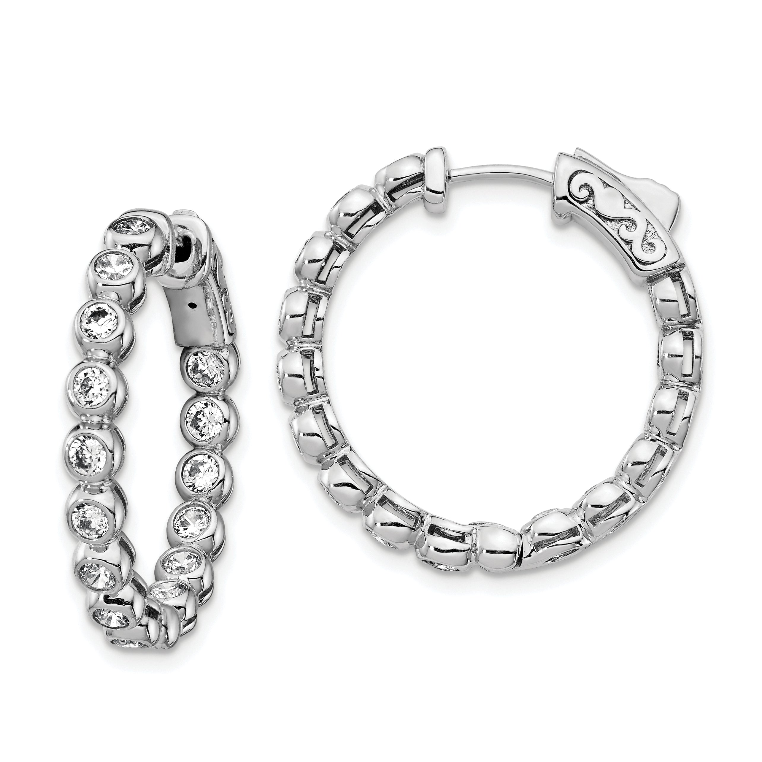 Sterling Shimmer Sterling Silver Rhodium-plated 30 Stone 2.3mm CZ In and Out Round Hinged Hoop Earrings Main image