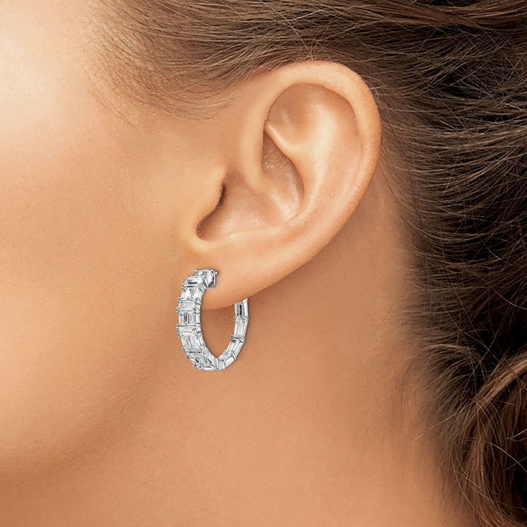 42-Stone Round Cubic Zirconia Out Hoop Earrings in Sterling Silver, 21mm Hinged - Sophia Jewelers