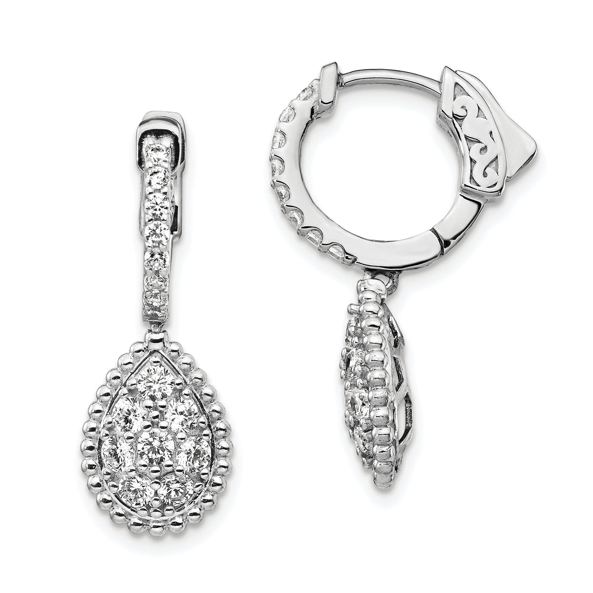 Sterling Shimmer Sterling Silver Rhodium-plated 30 Stone CZ Teardrop Dangle Hinged Hoop Earrings