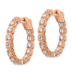 Sterling Shimmer Sterling Silver Rose-tone Rose Flash Gold-plated 28 Stone 2.5mm CZ In and Out Round Hinged Hoop Earrings