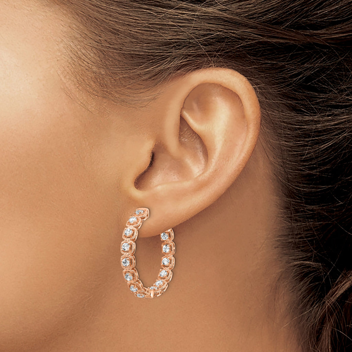 Round Cubic Zirconia Out Hoop Earrings in Rose Gold-Plated Sterling Silver, 28mm - Sophia Jewelers