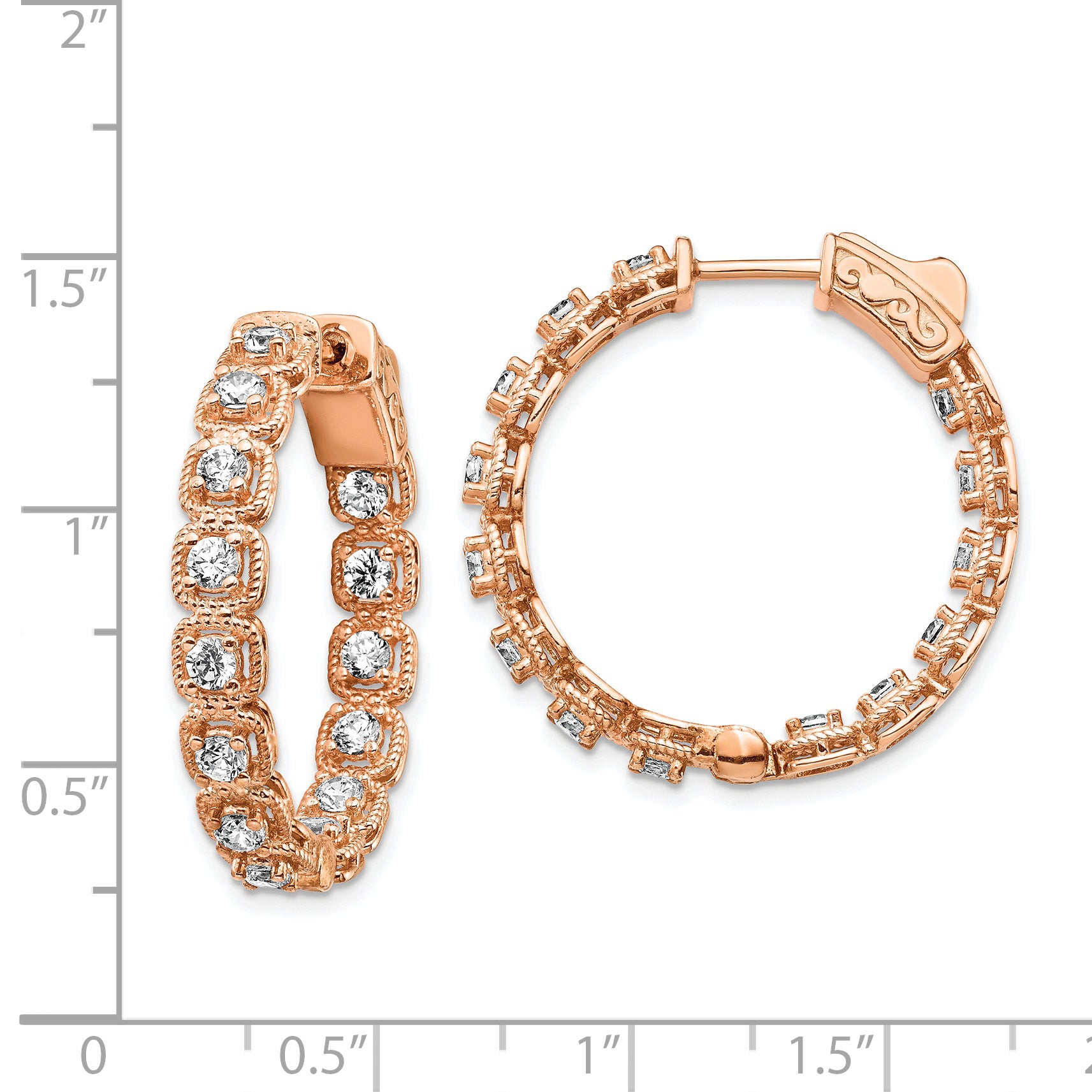 Sterling Shimmer Sterling Silver Rose-tone Rose Flash Gold-plated 28 Stone 2.5mm CZ In and Out Round Hinged Hoop Earrings