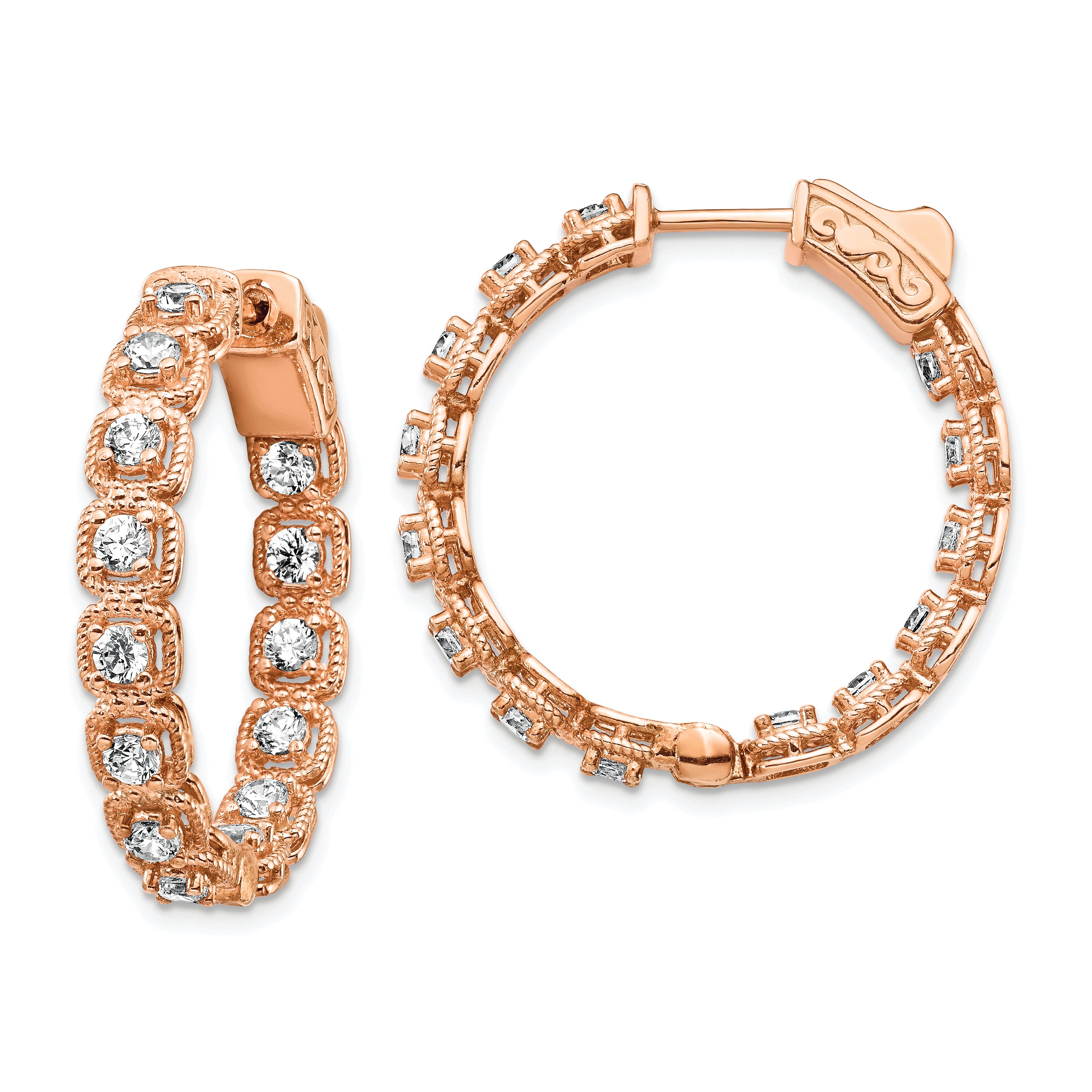 Sterling Shimmer Sterling Silver Rose-tone Rose Flash Gold-plated 28 Stone 2.5mm CZ In and Out Round Hinged Hoop Earrings