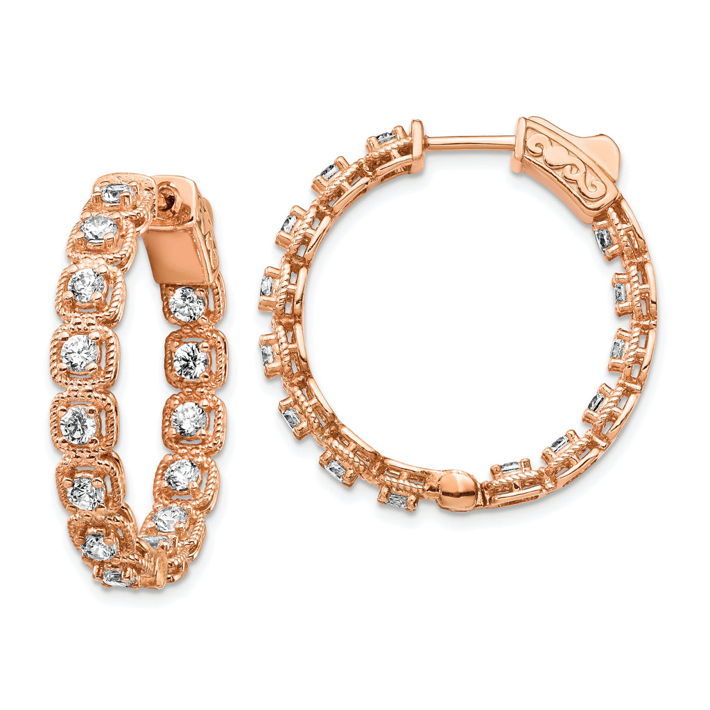 Sterling Shimmer Sterling Silver Rose-tone Rose Flash Gold-plated 28 Stone 2.5mm CZ In and Out Round Hinged Hoop Earrings