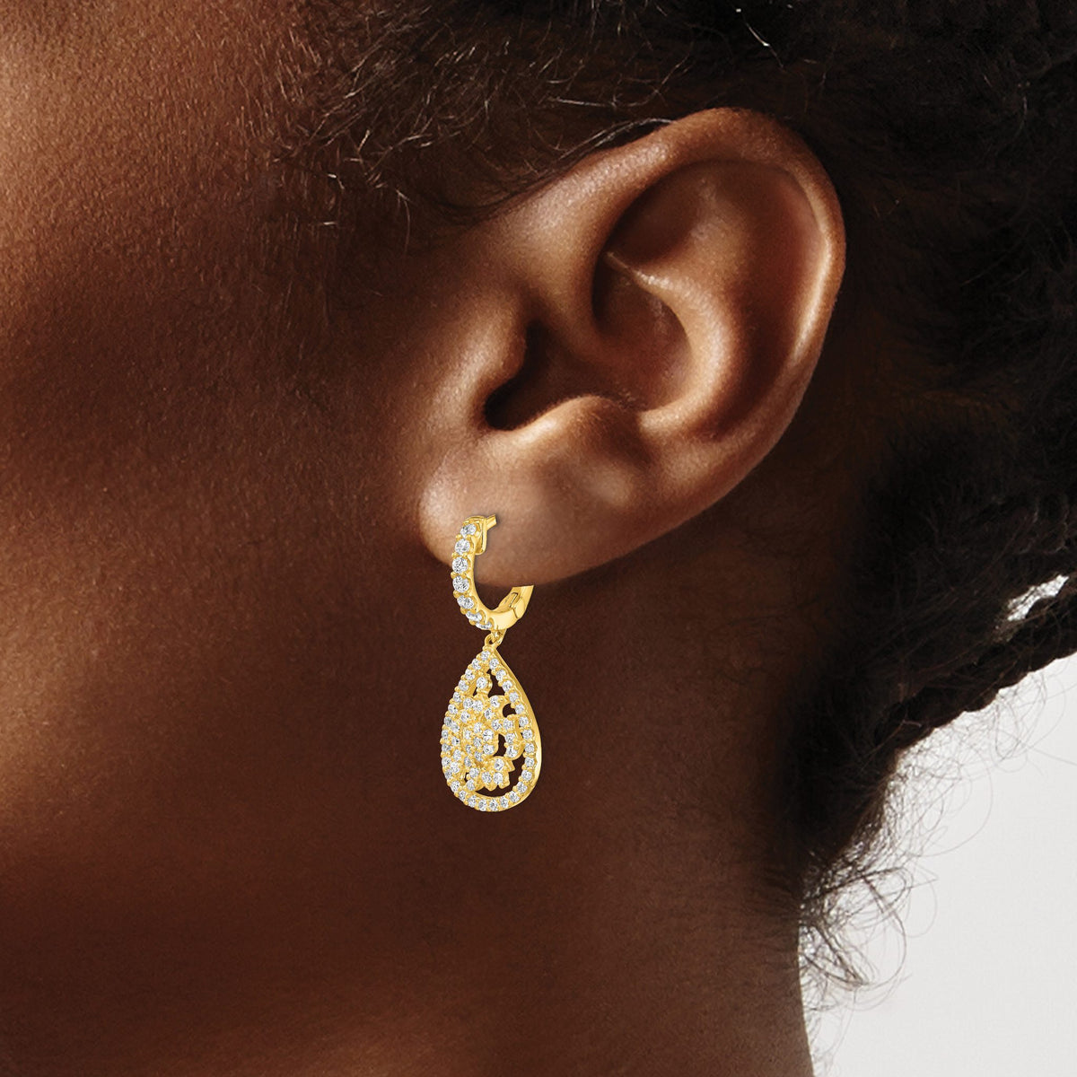 Stone Cubic Zirconia Teardrop Hoop Dangle Earrings in Gold-Plated Sterling Silver - Sophia Jewelers