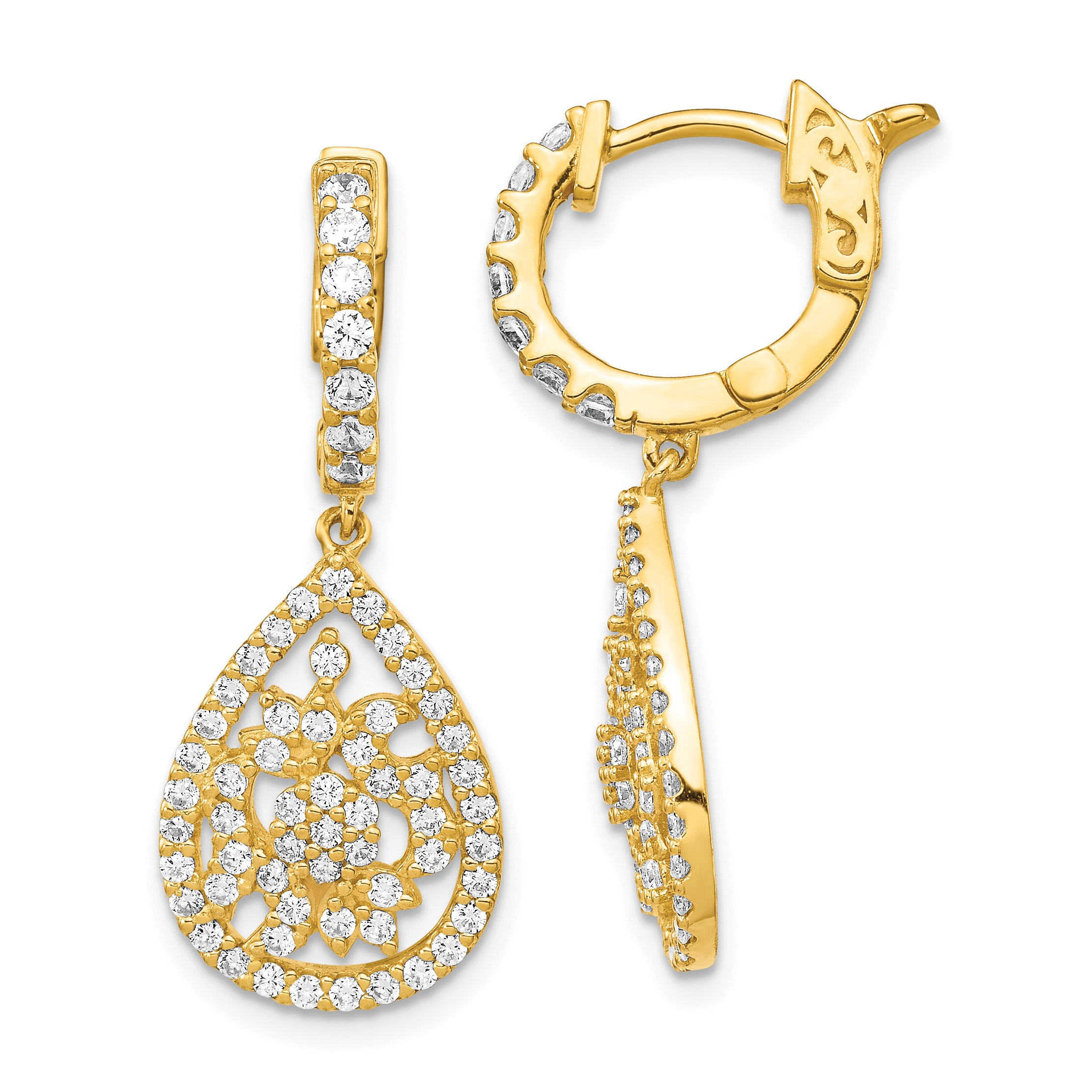 Sterling Shimmer Sterling Silver Gold-tone Flash Gold-plated 126 Stone CZ Teardrop Dangle Hinged Hoop Earrings Main image