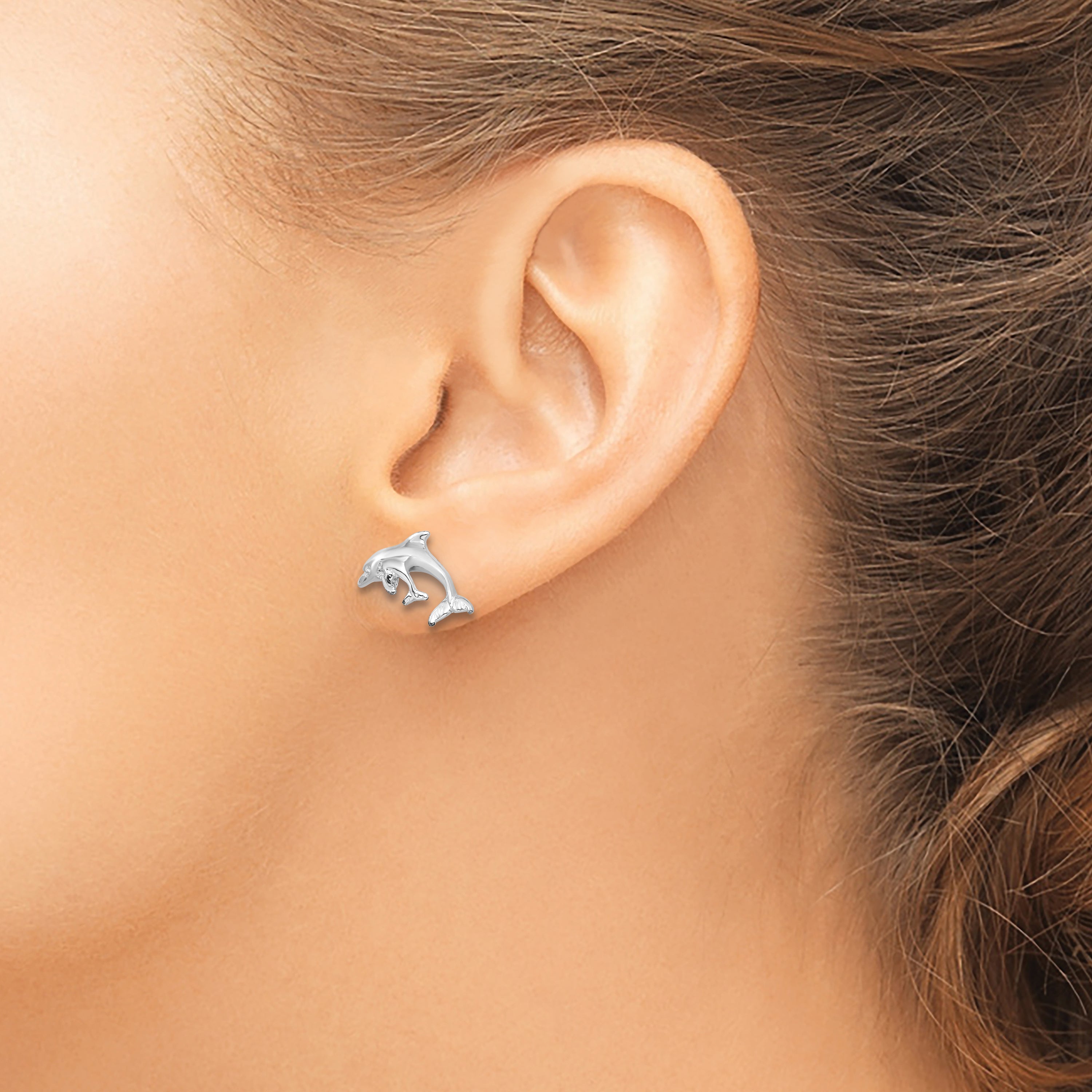 De-Ani Sterling Silver Rhodium-Plated Polished Dolphin and Baby Post Earrings