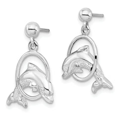 De-Ani Sterling Silver Rhodium-Plated Dolphin in Hoop Dangle Post Earrings