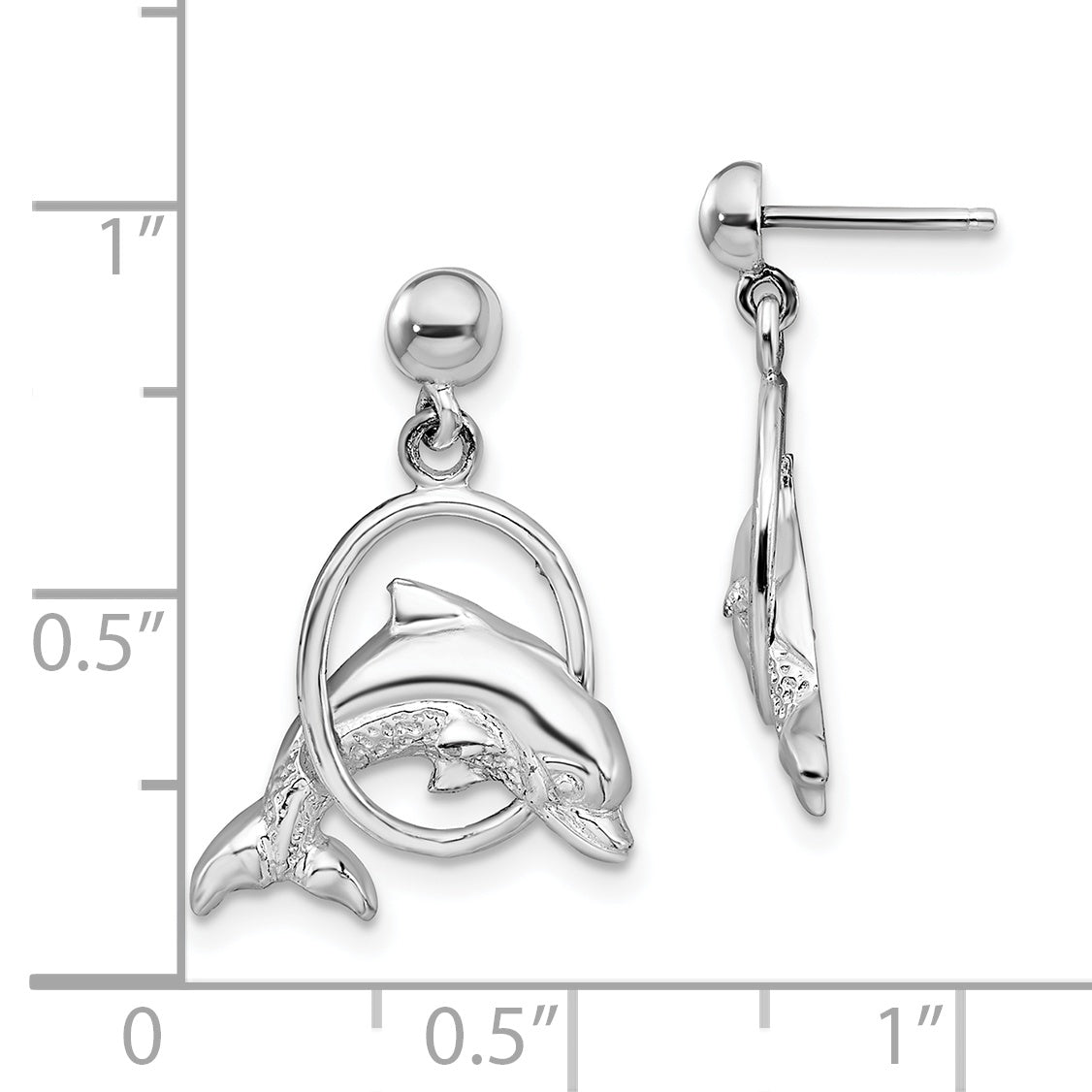 De-Ani Sterling Silver Rhodium-Plated Dolphin in Hoop Dangle Post Earrings
