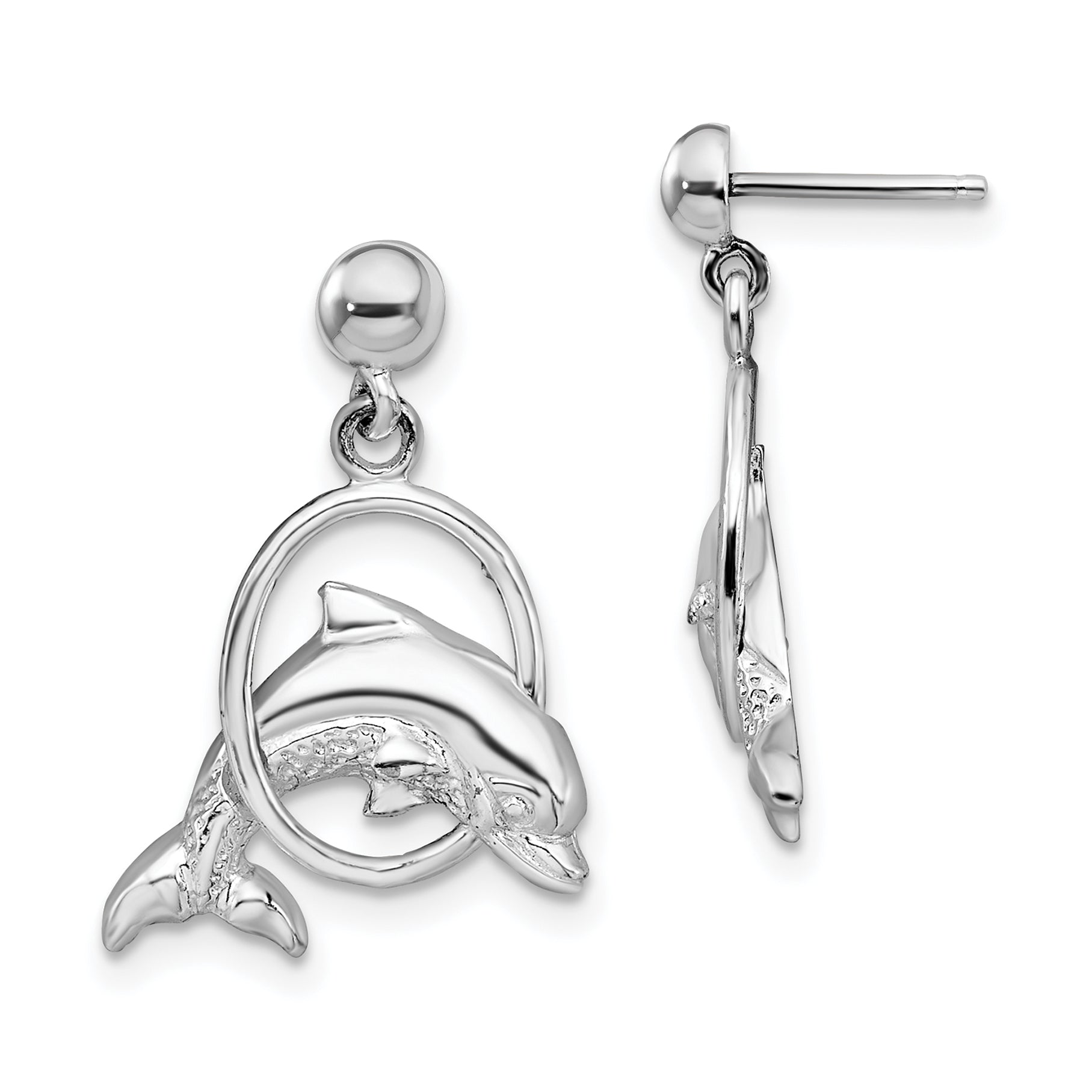 De-Ani Sterling Silver Rhodium-Plated Dolphin in Hoop Dangle Post Earrings Main image