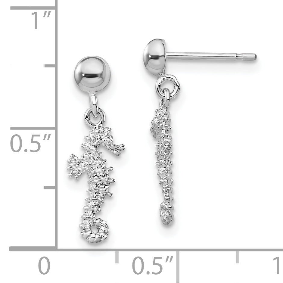 De-Ani Sterling Silver Rhodium-Plated 3D Mini Seahorse Dangle Post Earrings