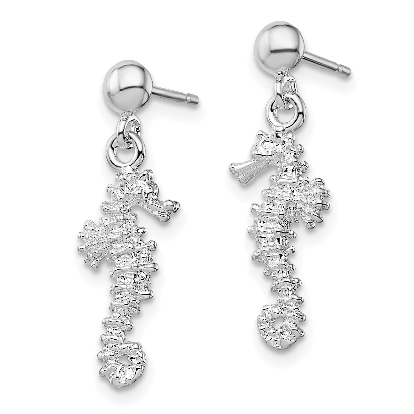 De-Ani Sterling Silver Rhodium-Plated Polished 3D Seahorse Dangle Post Earrings