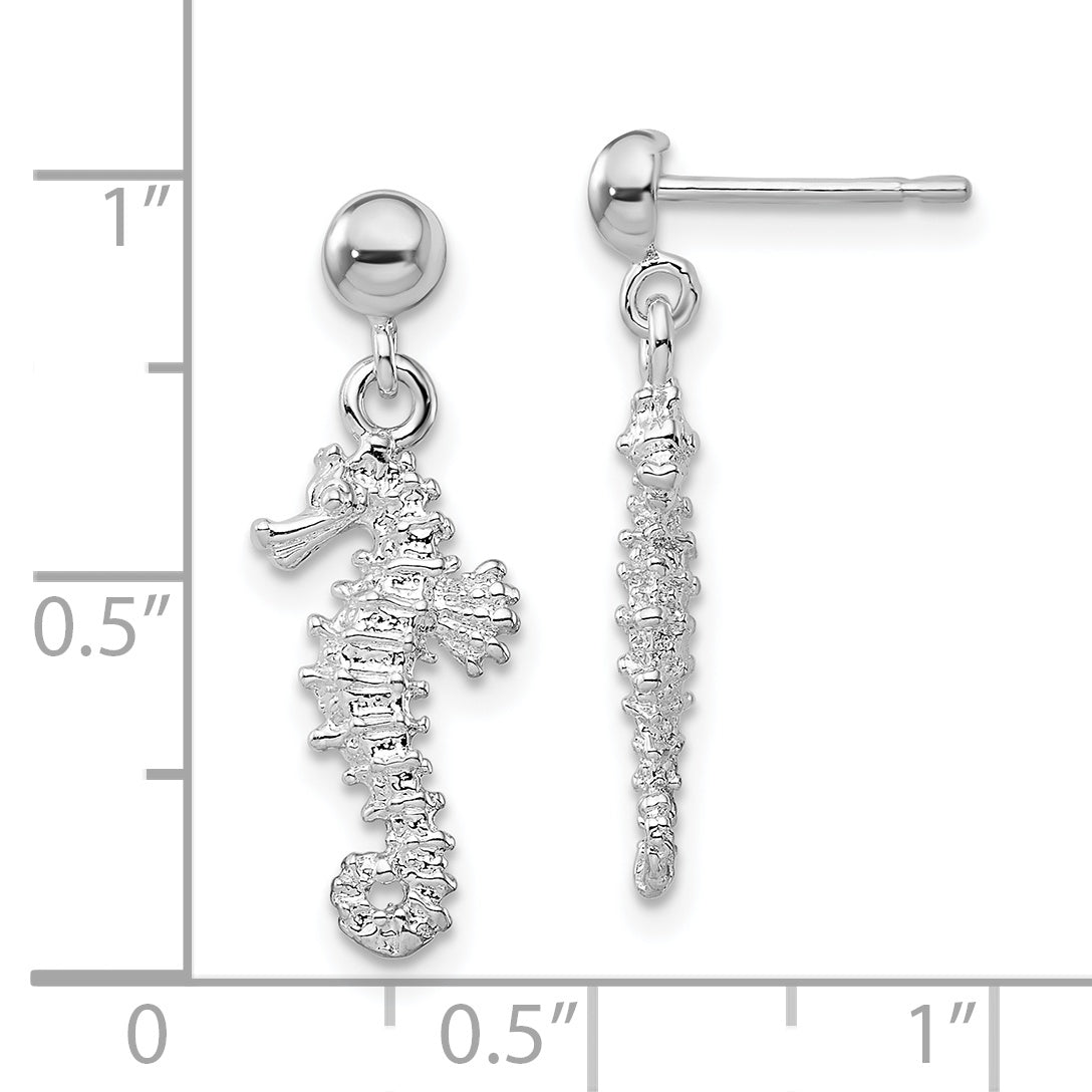 De-Ani Sterling Silver Rhodium-Plated Polished 3D Seahorse Dangle Post Earrings