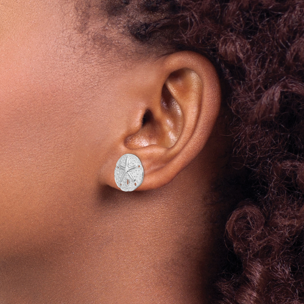 De-Ani Sterling Silver Rhodium-Plated Small Sand Dollar with Starfish Post Earrings