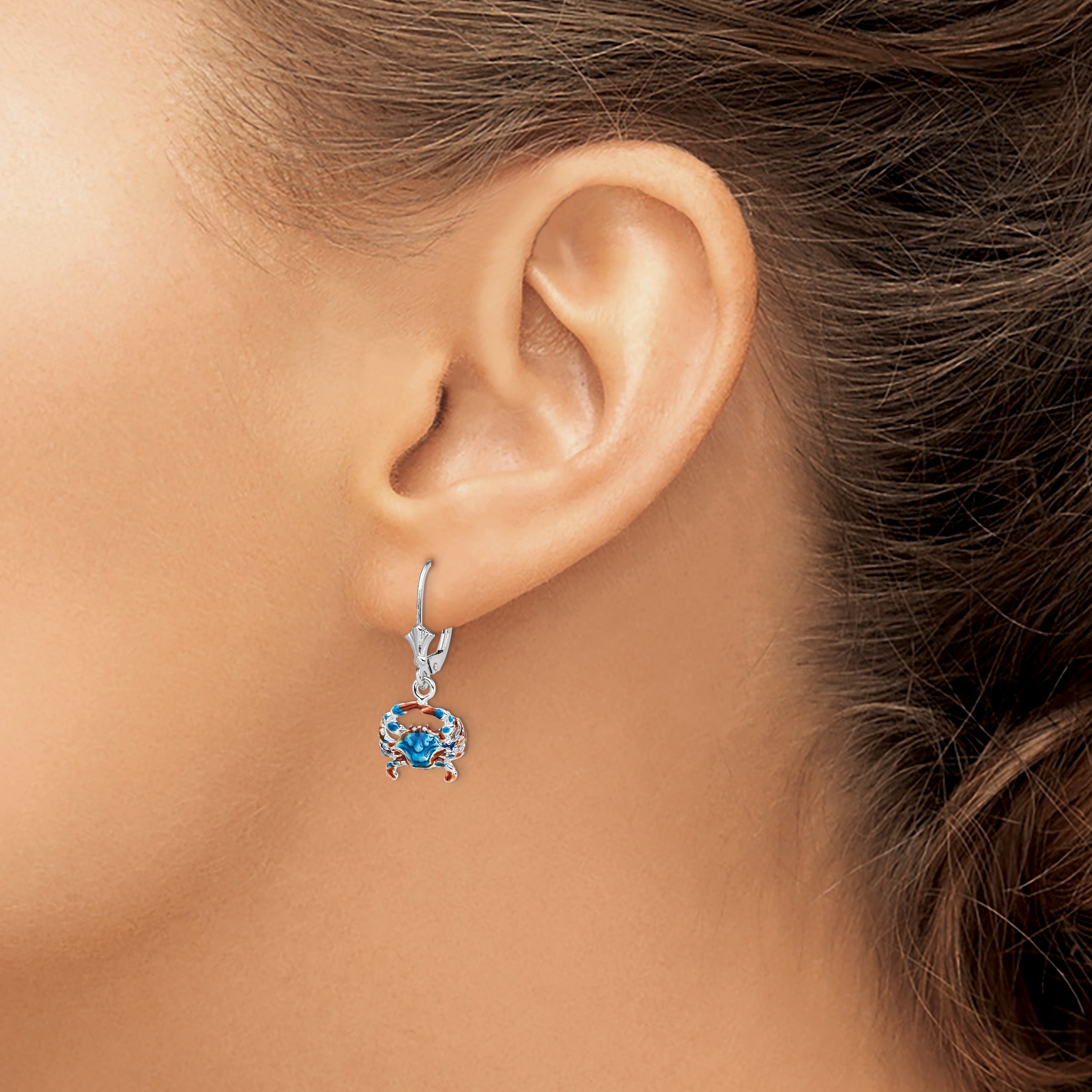 De-Ani Sterling Silver Rhodium-Plated Enameled Blue Crab Leverback Earrings