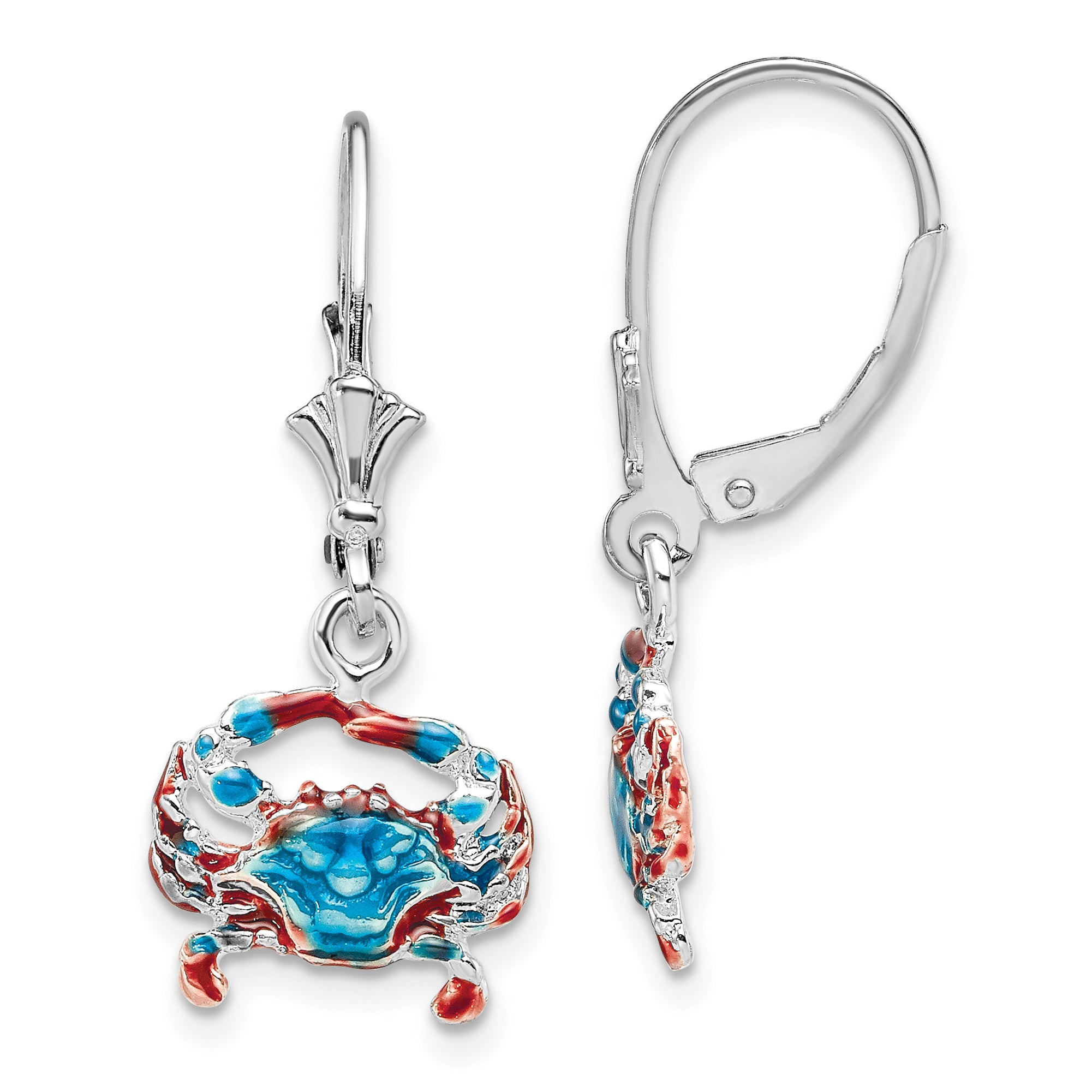 De-Ani Sterling Silver Rhodium-Plated Enameled Blue Crab Leverback Earrings