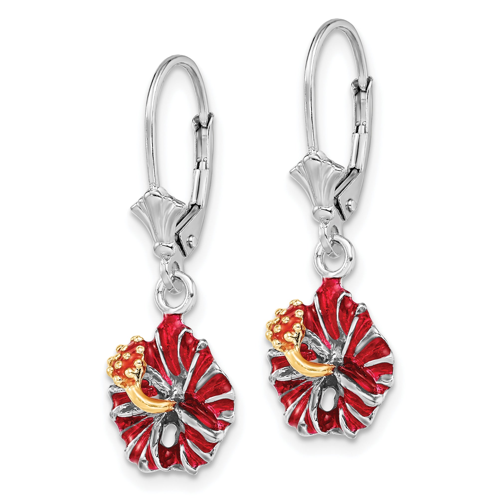 De-Ani Sterling Silver Rhodium-Plated Enameled Red Hibiscus Leverback Earrings Secondary image