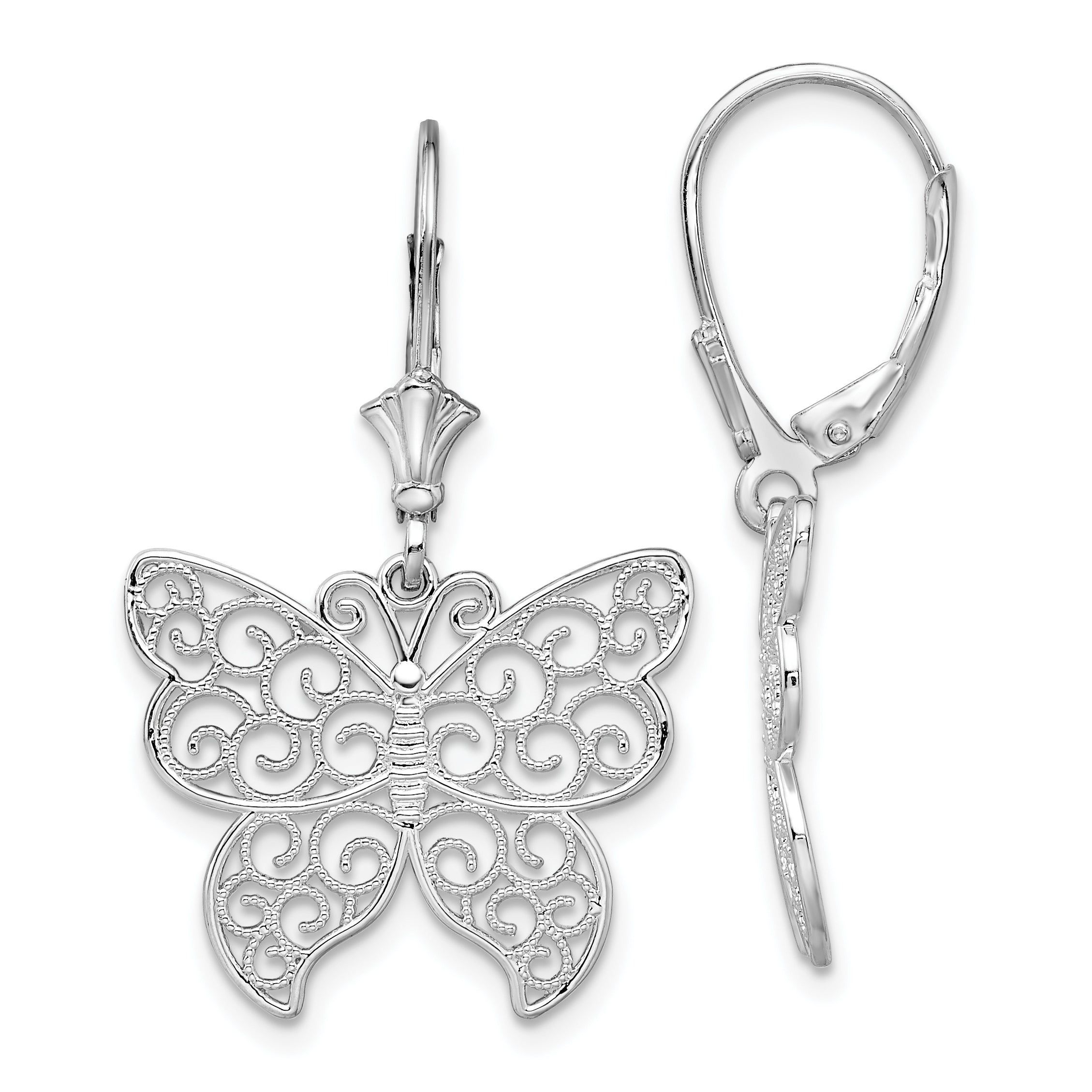 De-Ani Sterling Silver Rhodium-Plated Polished Filigree Butterfly Leverback Earrings Main image